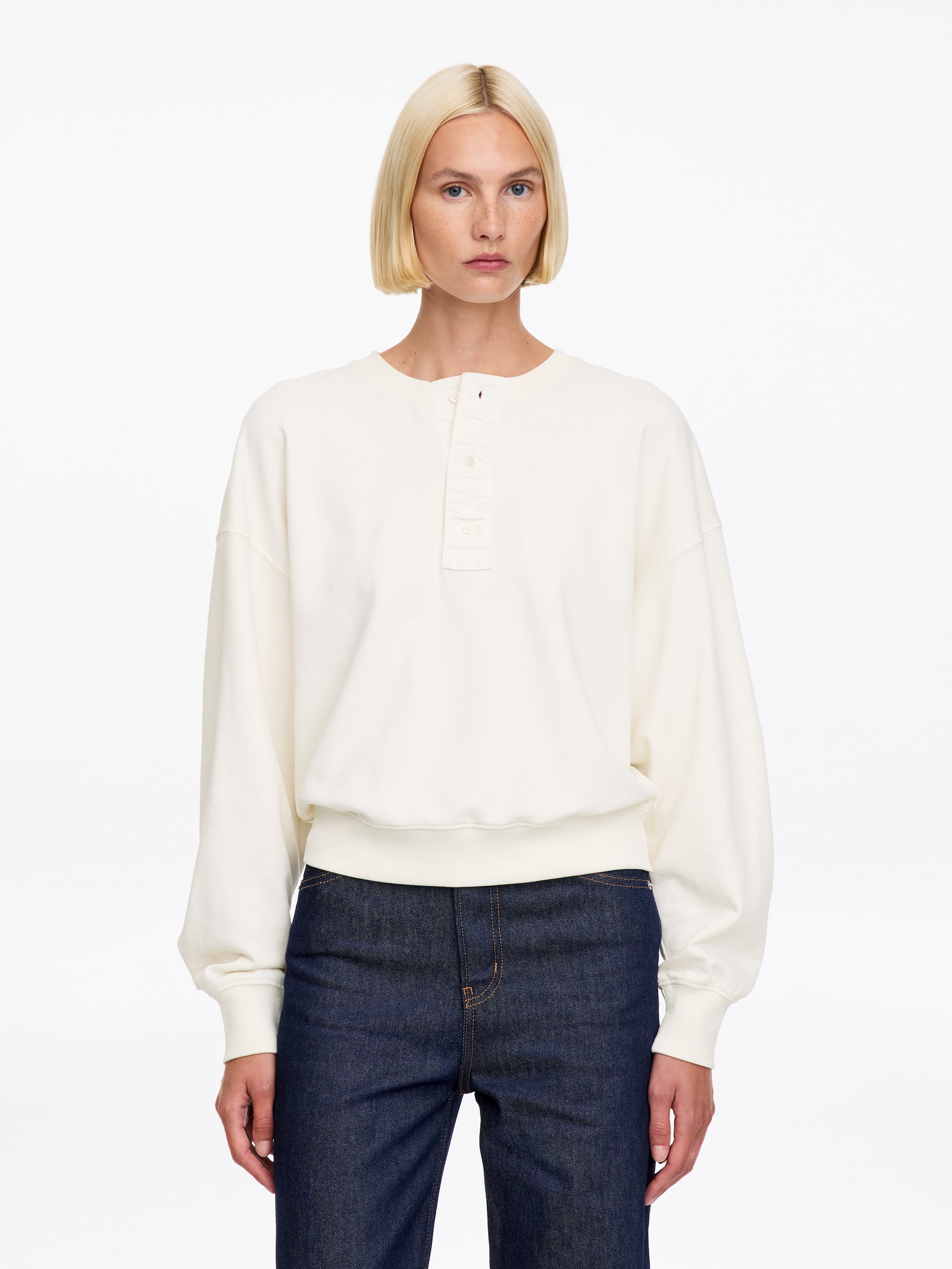 Henley-Sweatshirt aus Baumwolle-White-21243