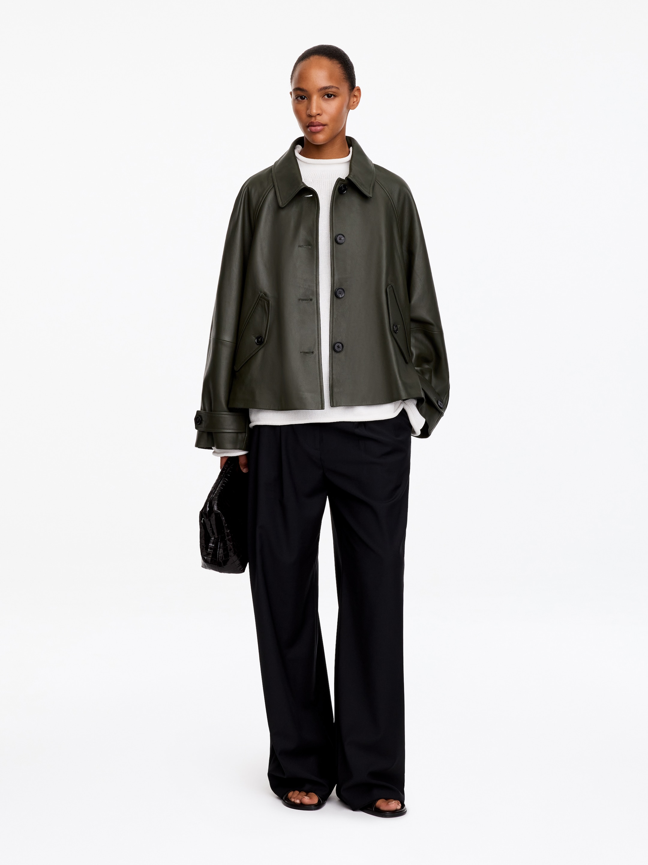 Chaqueta de piel evasé-Green-20790