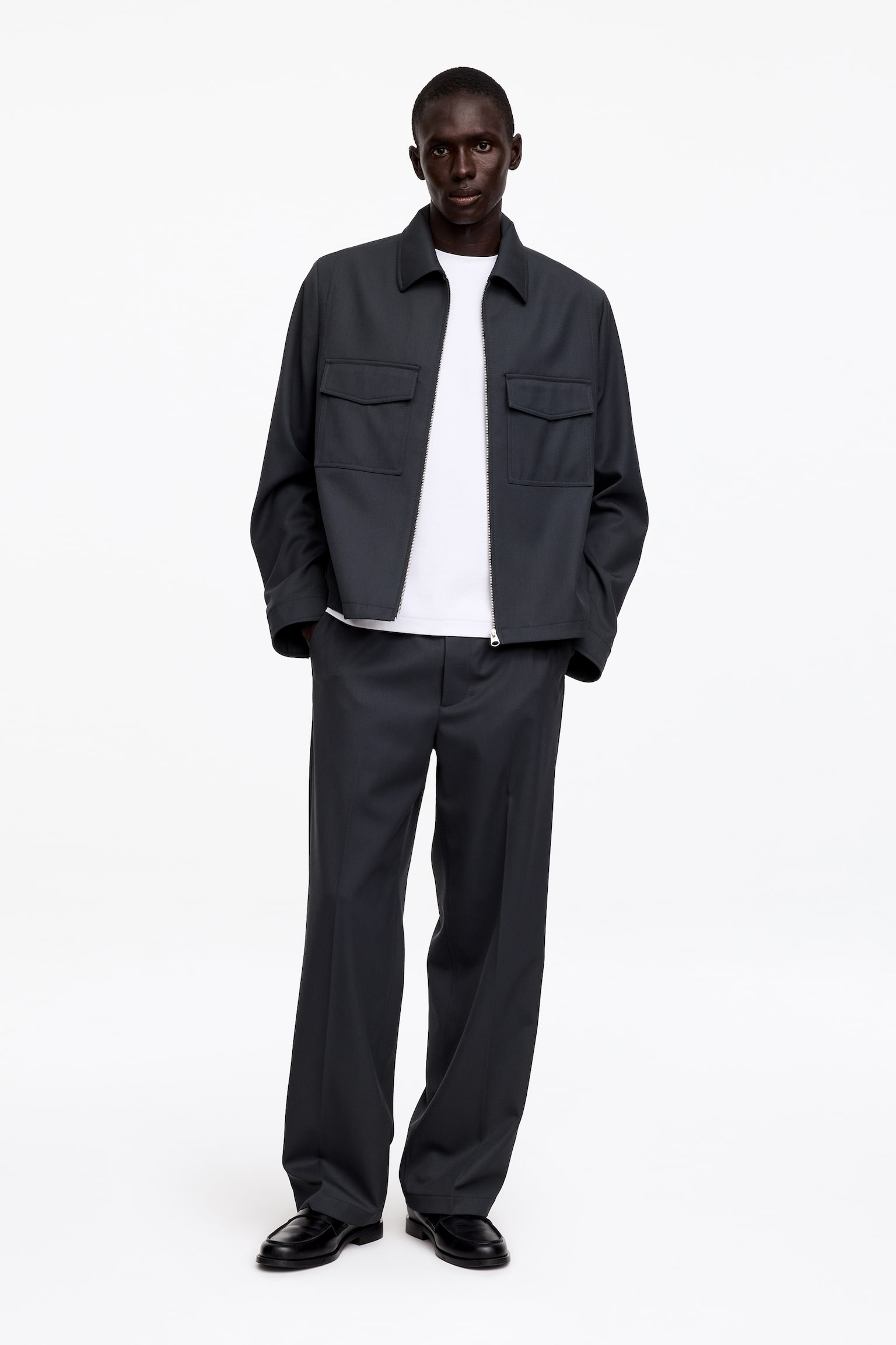 Pantalon large en mélange de laine - Bleu foncé - 1