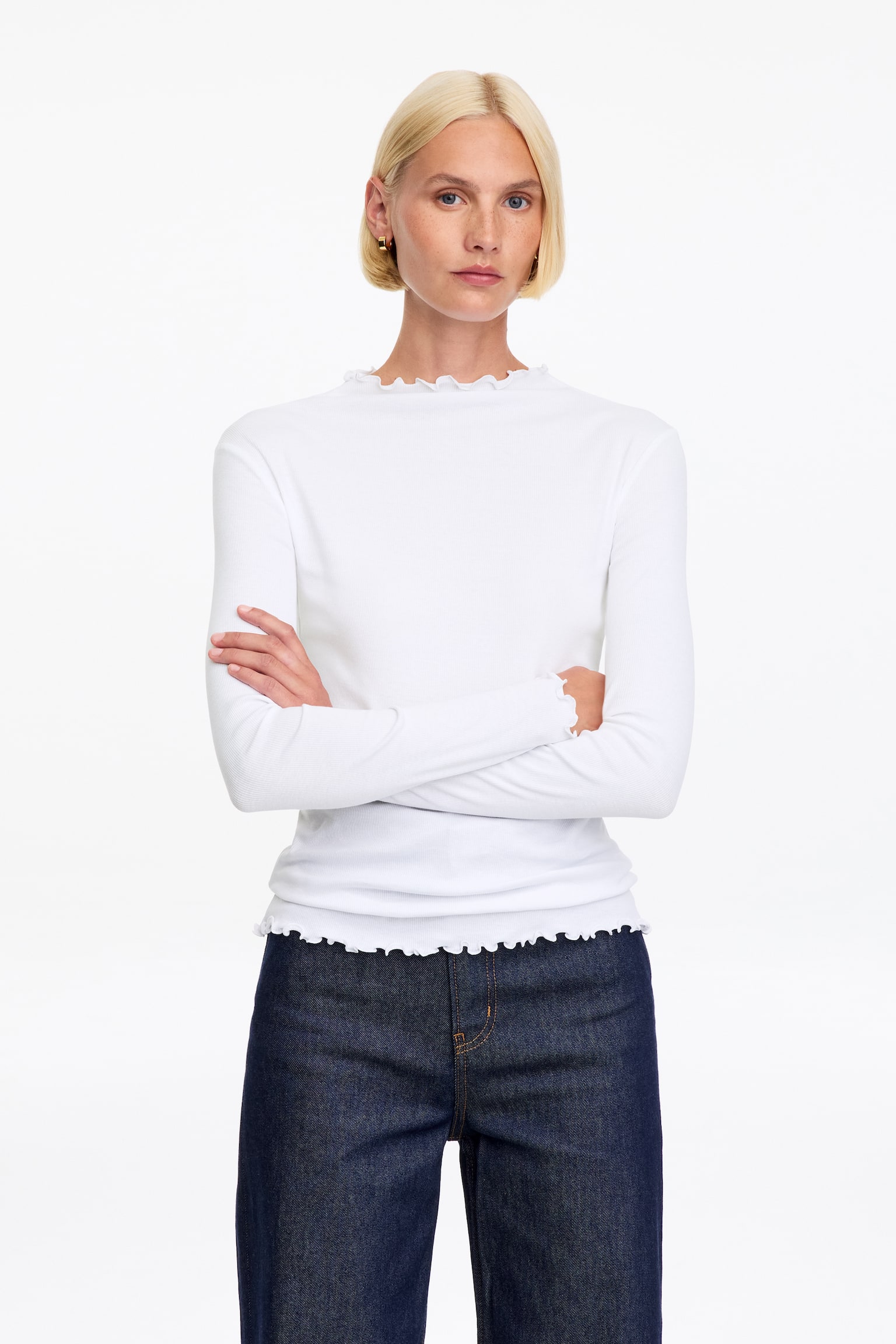 Frilled Jersey Top - White/Black - 1