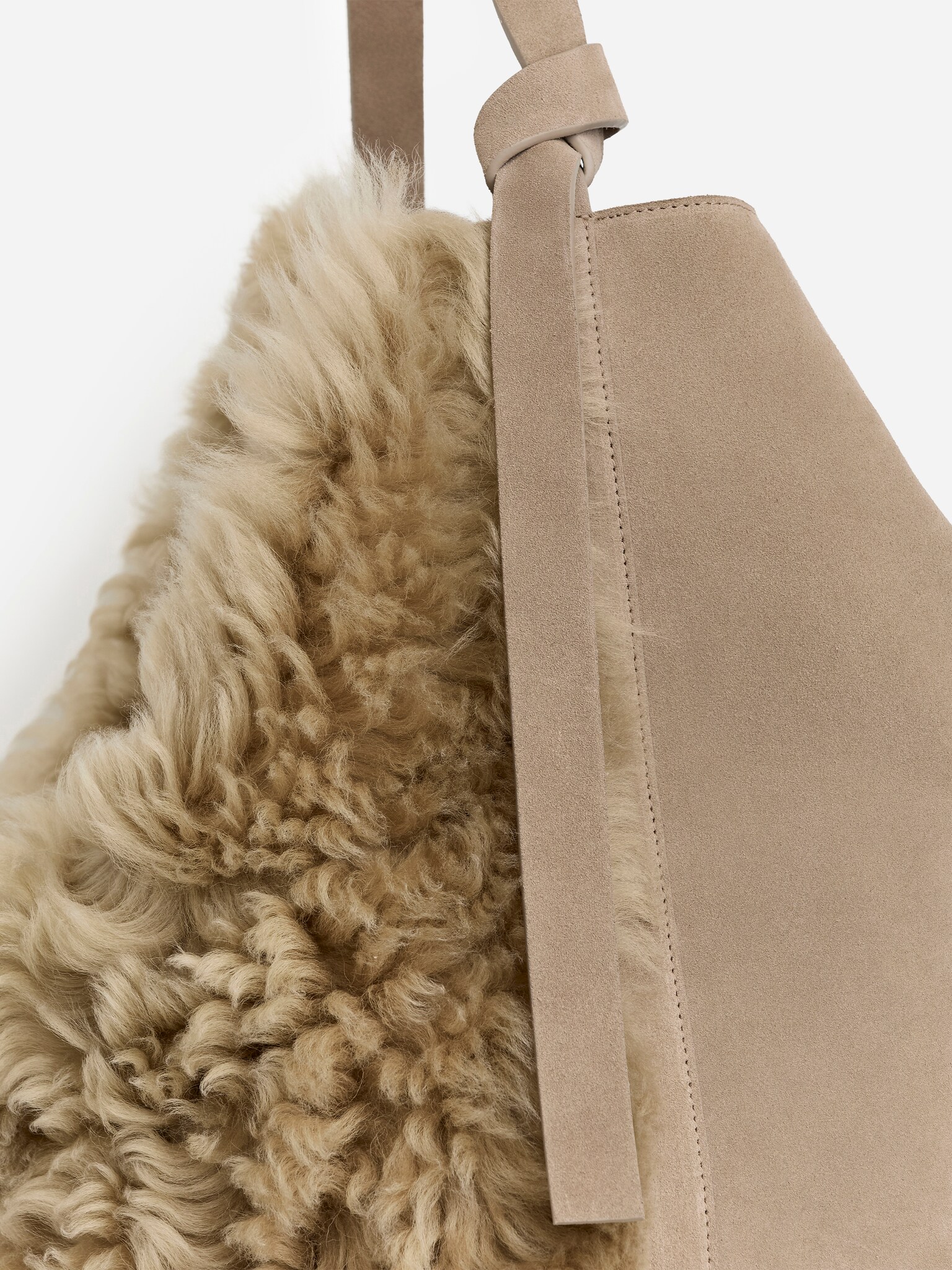 Sac cabas en daim et peau lainée - Beige - 7