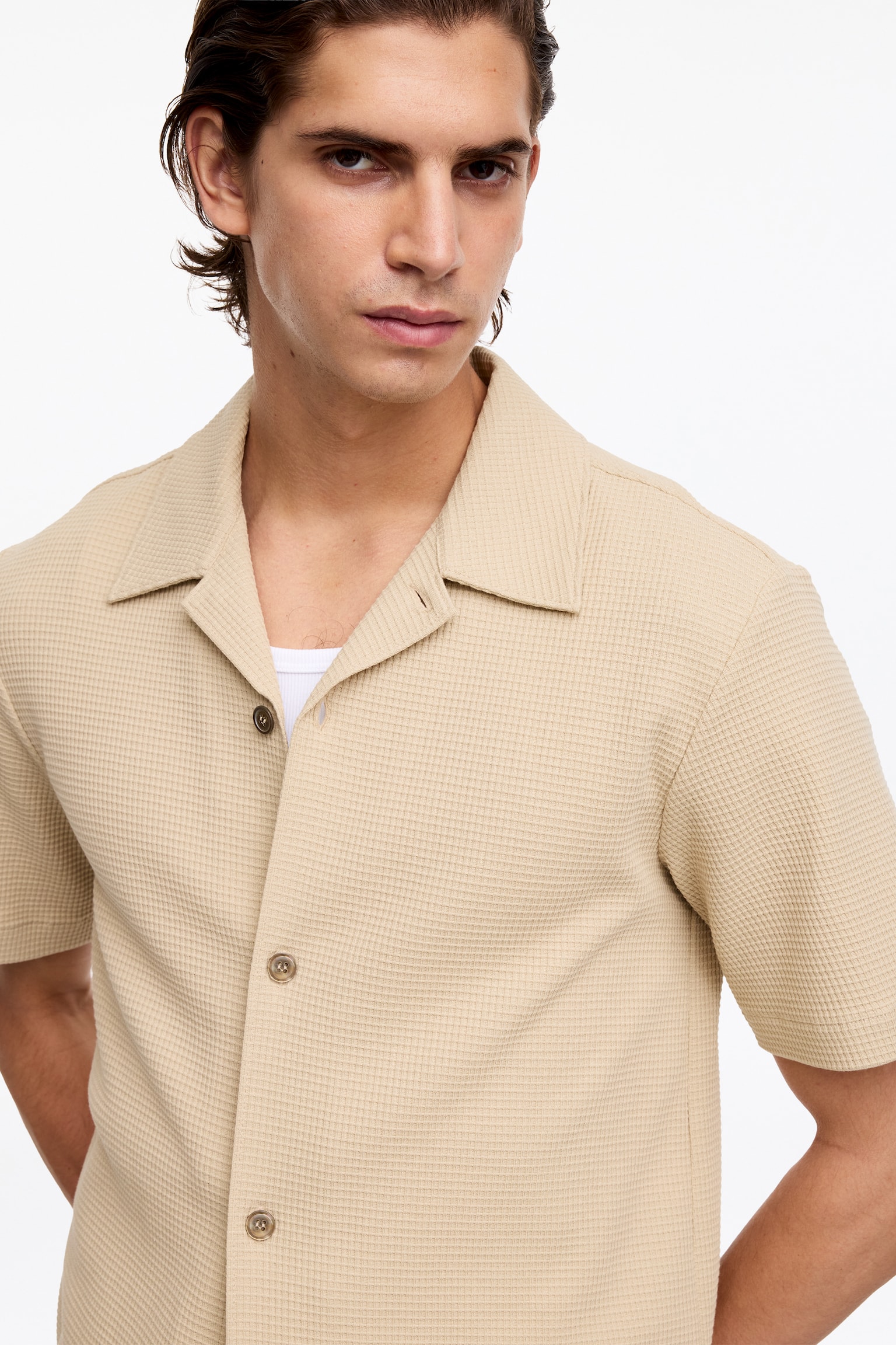 Chemise en jersey gaufré-Beige - 5