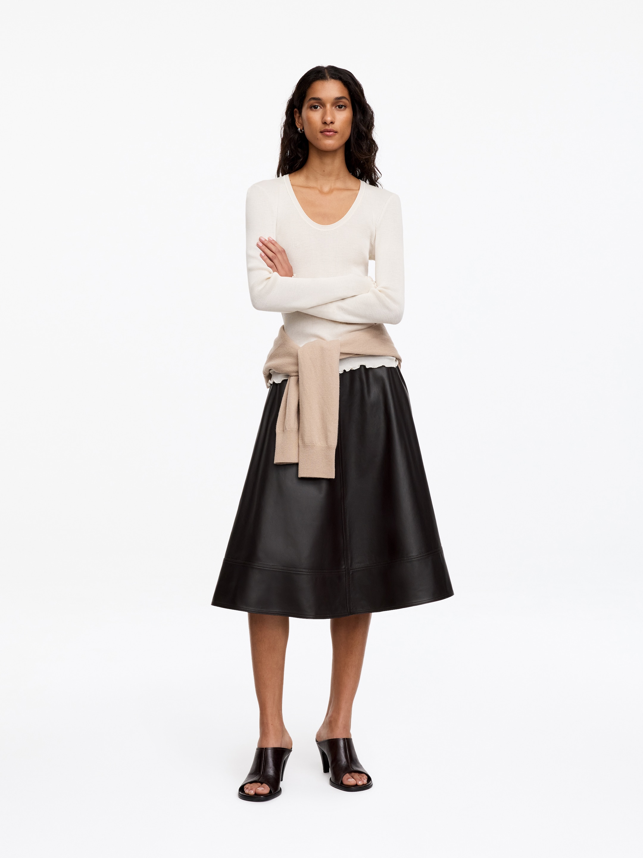 A-Line Leather Skirt-Brown-20637