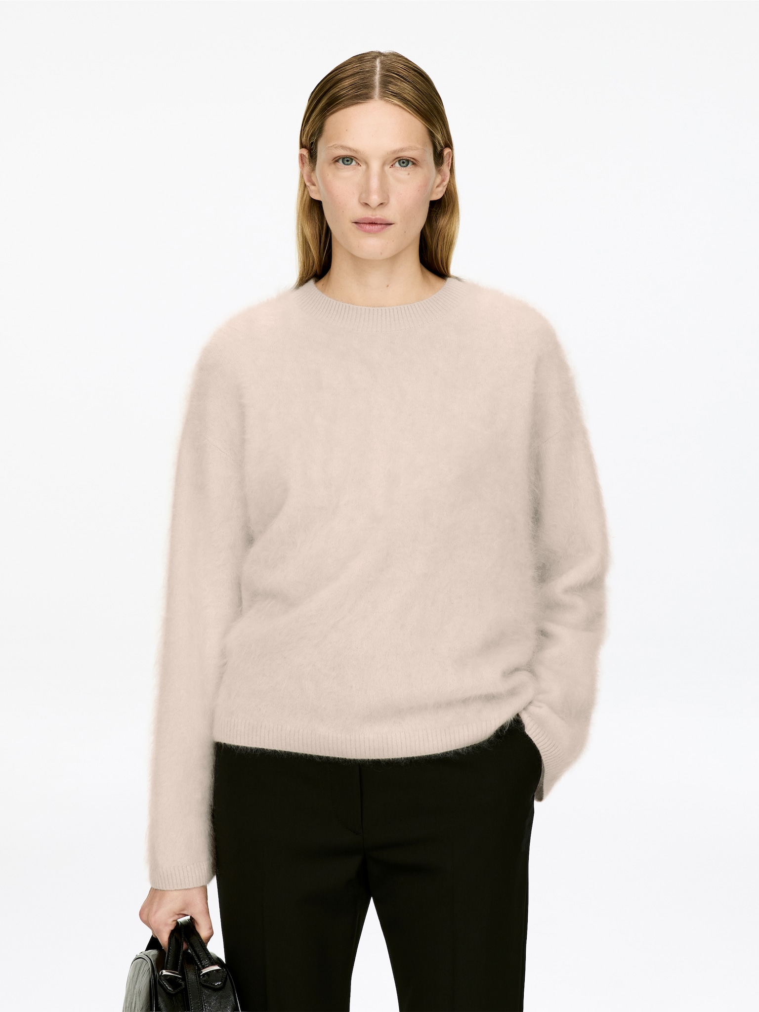 Pull en pur cachemire brossé​ - Rose poudré/Noir - 1