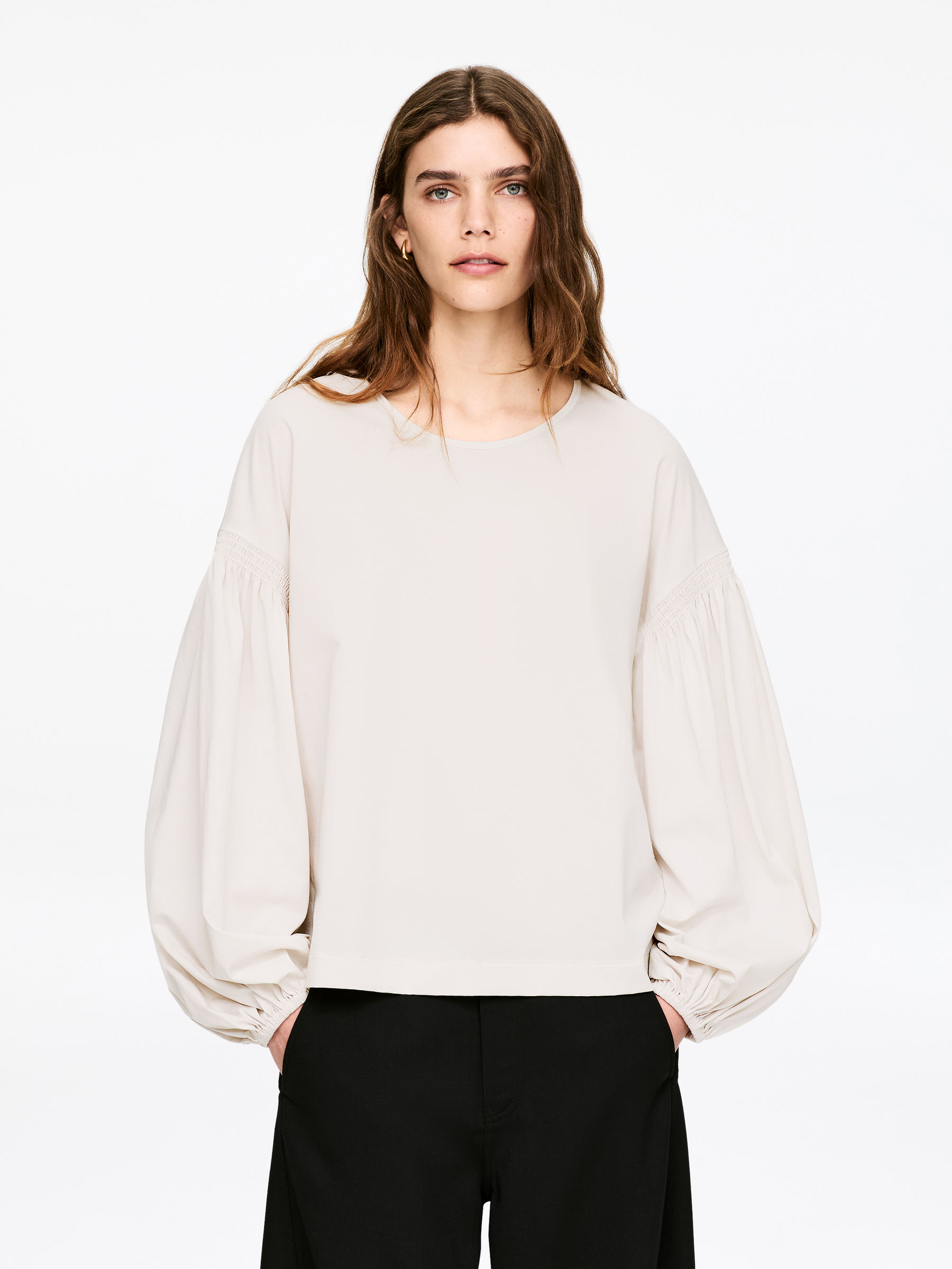 Balloon-Sleeve Cotton Blouse-#D3CFC5-17738