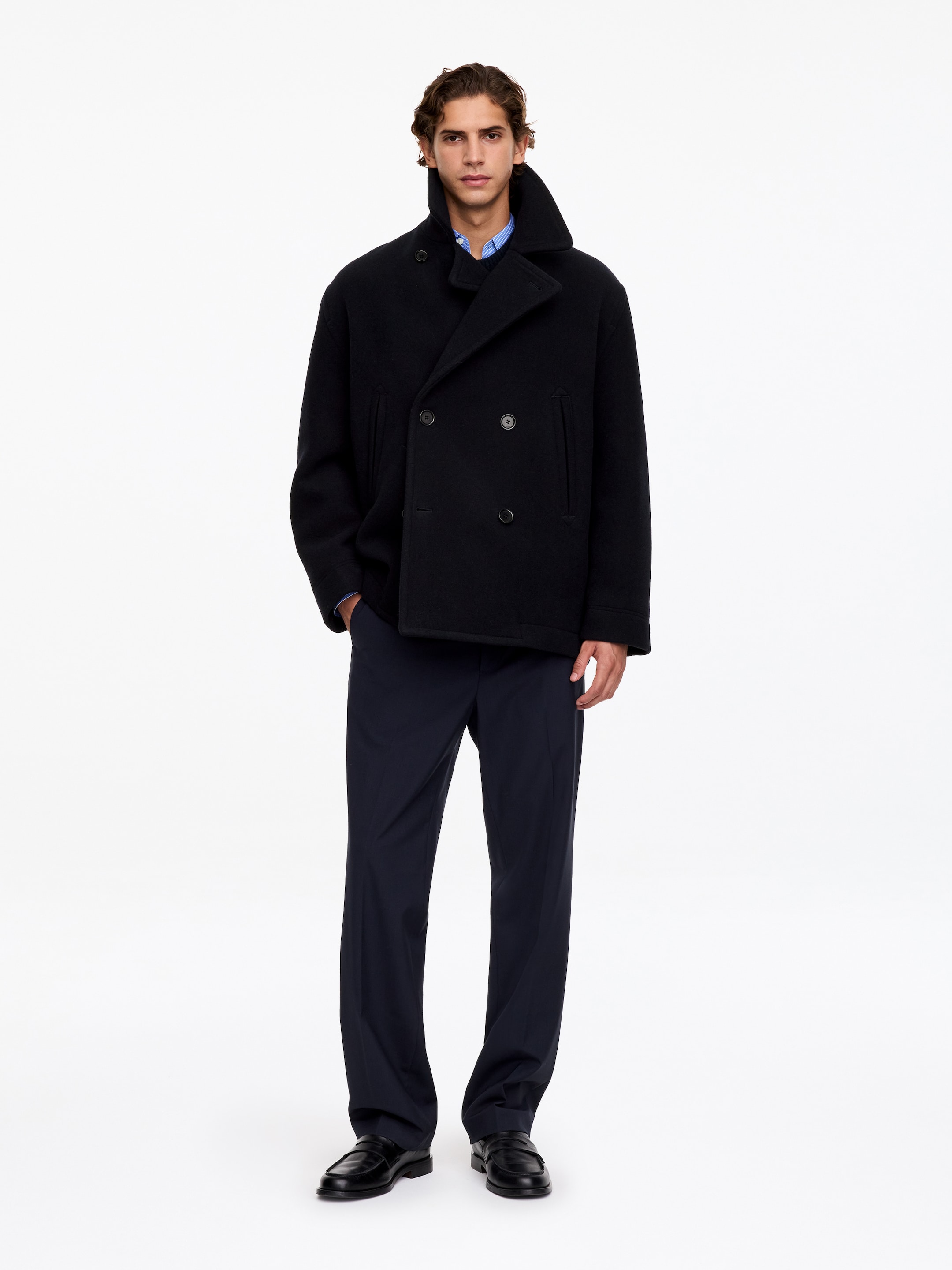Wool-Blend Pea Coat-Blue-20966