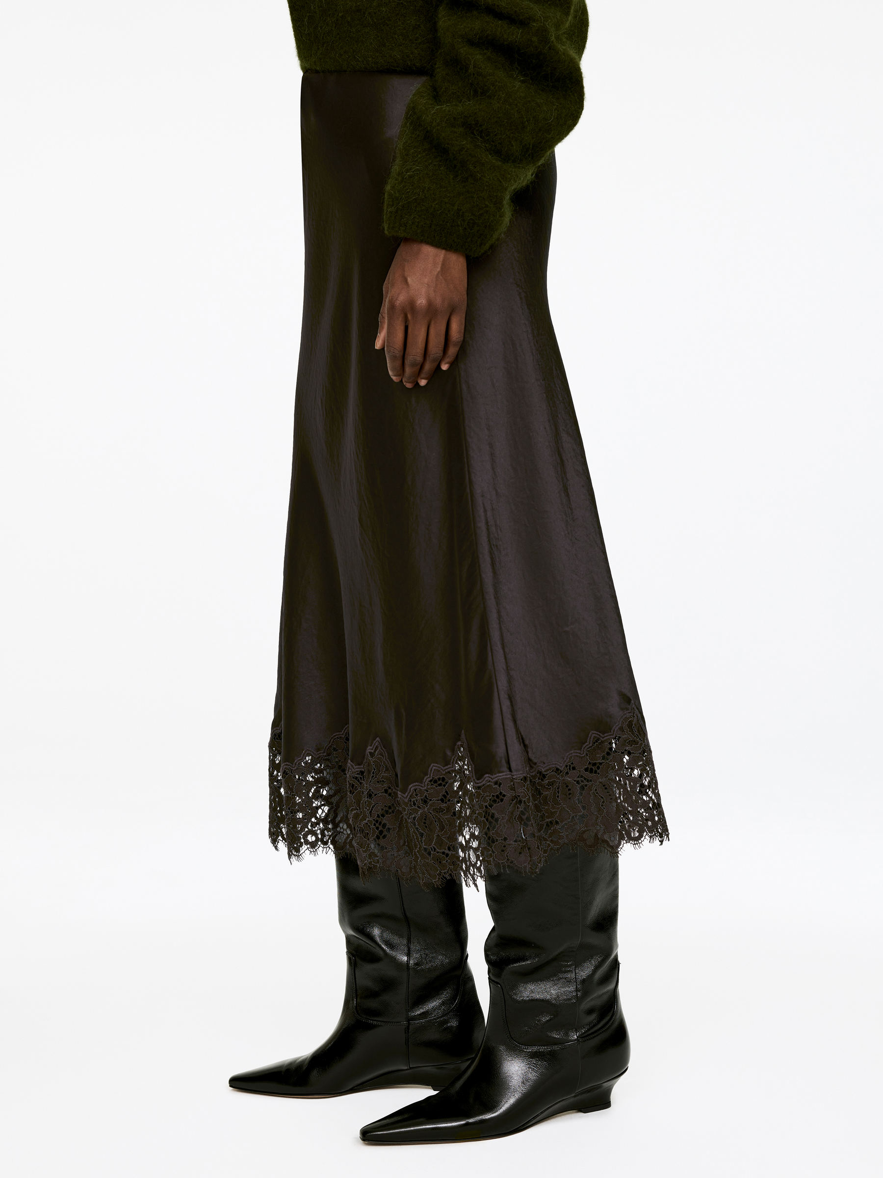 Jupe en satin avec finition en dentelle - Marron foncé - Regular fit - Femme - StillMedia/Lookbook - 6