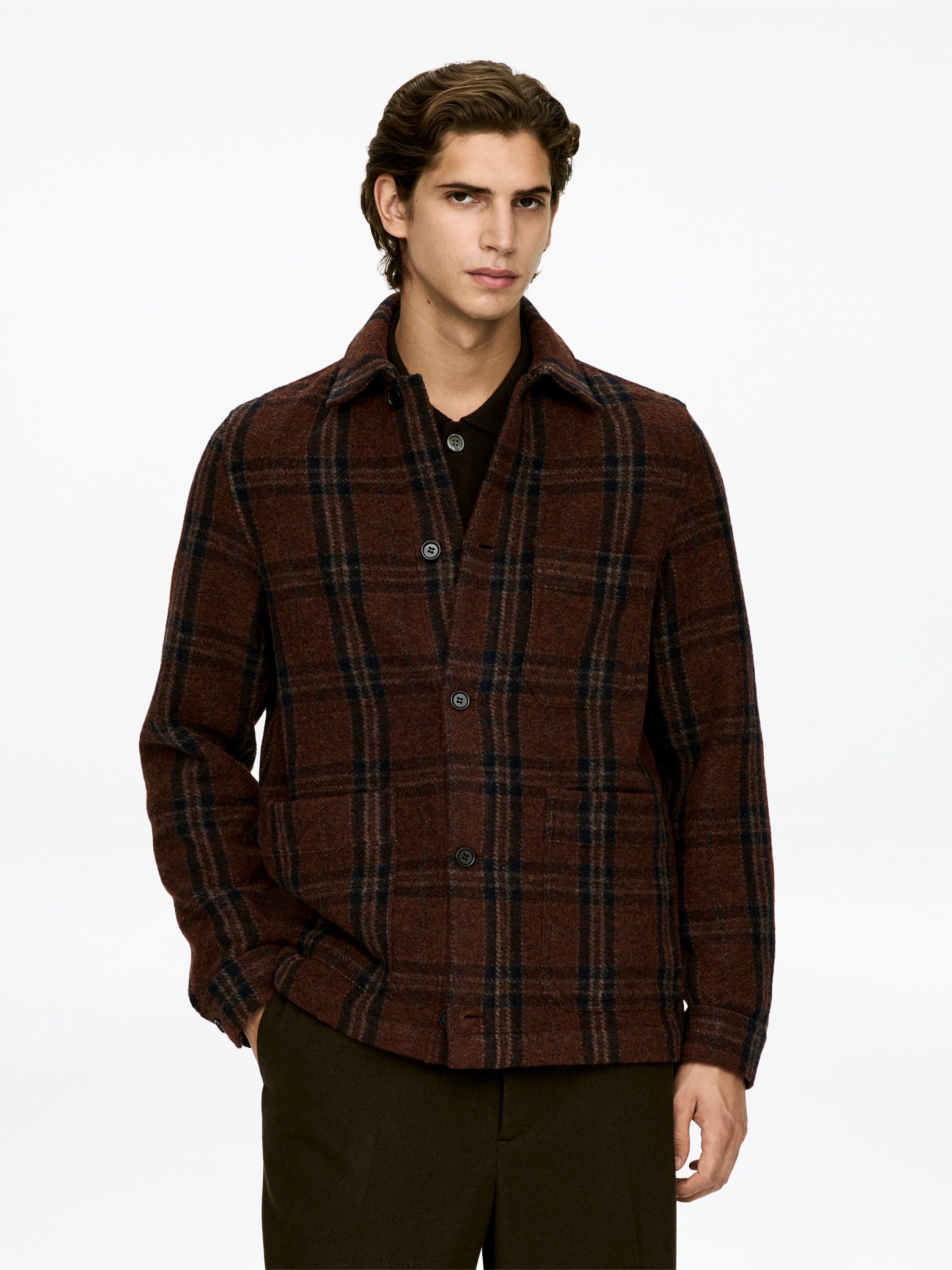 Wool-Blend Overshirt - Marrón/azul/beige