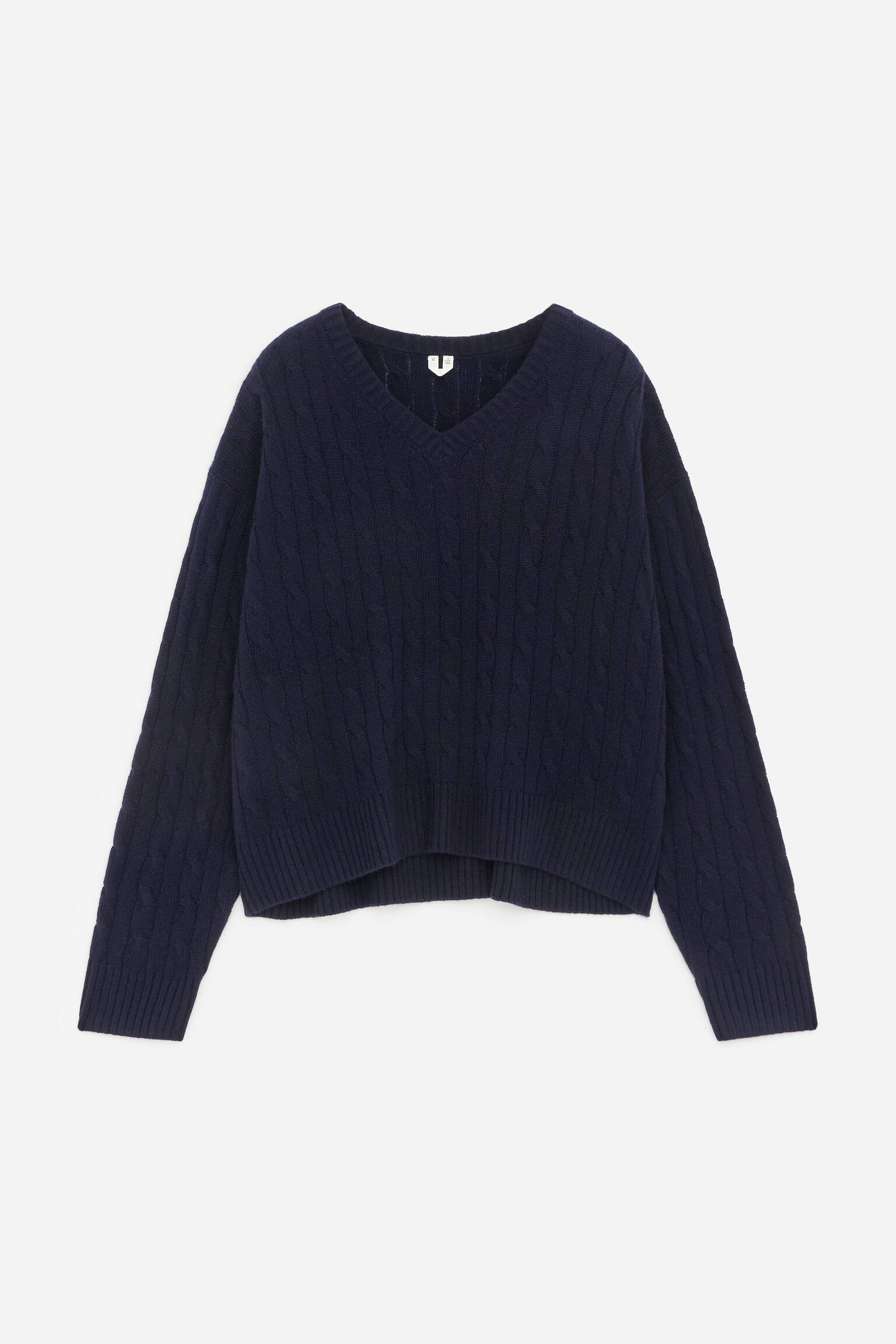 Пуловер с V-образно деколте от чист кашмир - Тъмносиньо/Бежово - 2