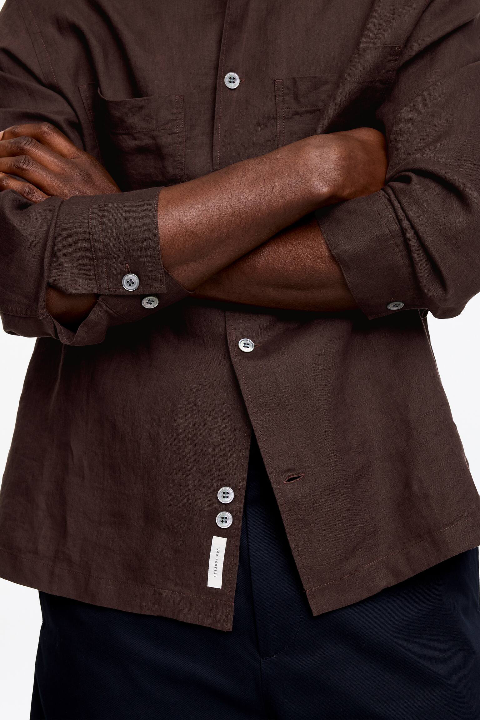 Chemise décontractée en lin-Marron - 3
