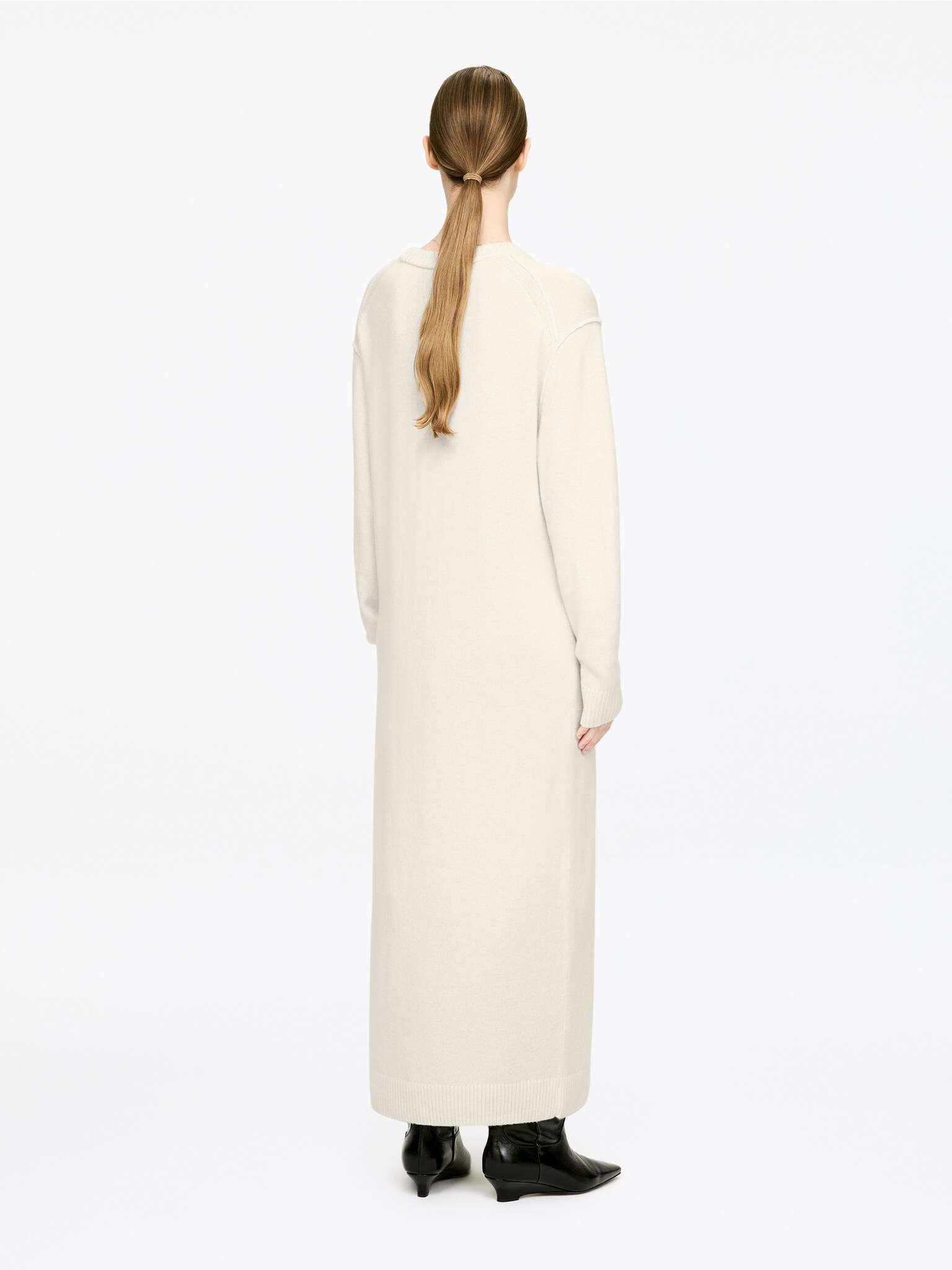 V-Neck Wool Dress - Off White/Black - 3