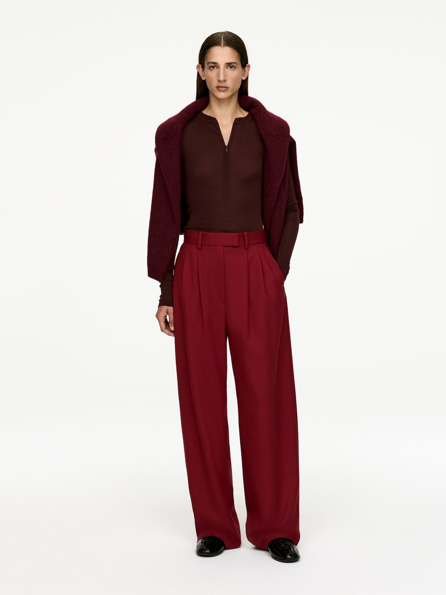 Pantaloni in lana con pieghe - Rosso scuro