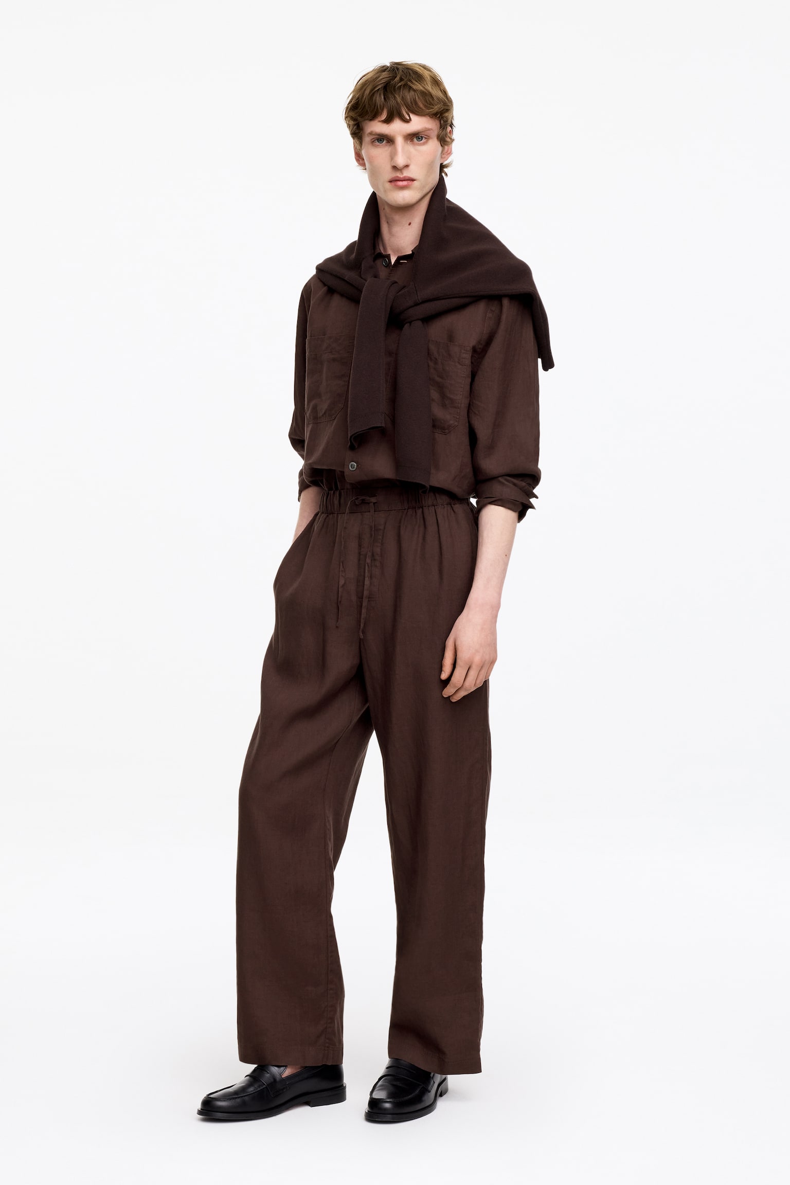 Pantalon en lin décontracté-Marron foncé - 5