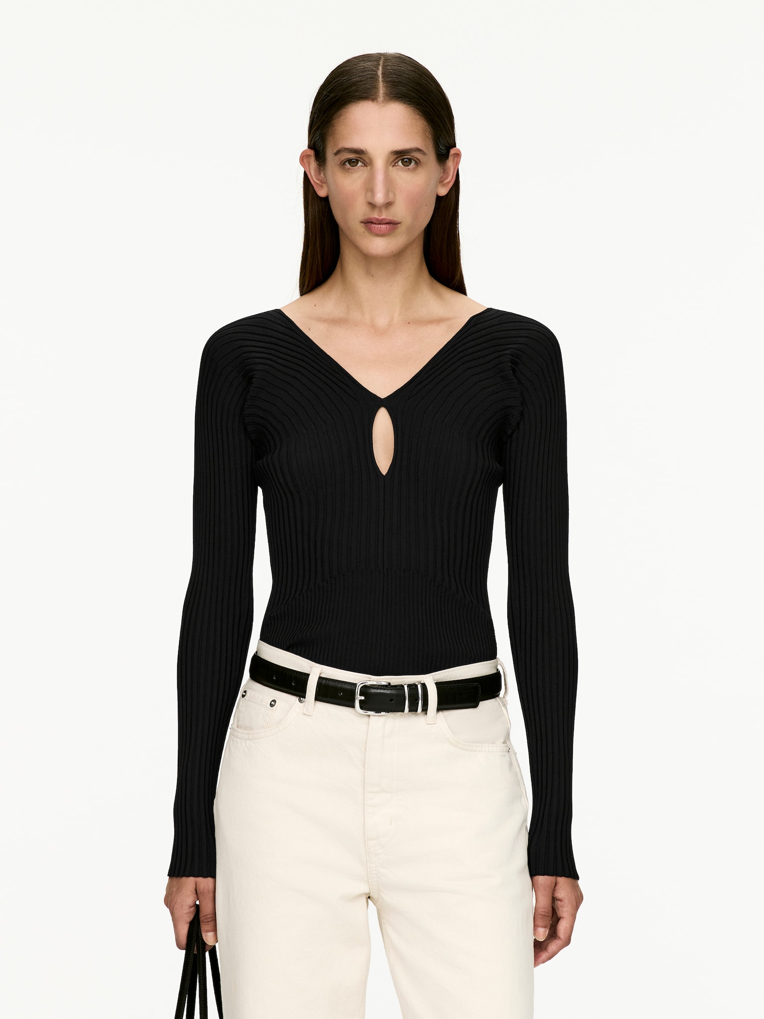 V-Neck Rib Top - Black/Dark Green