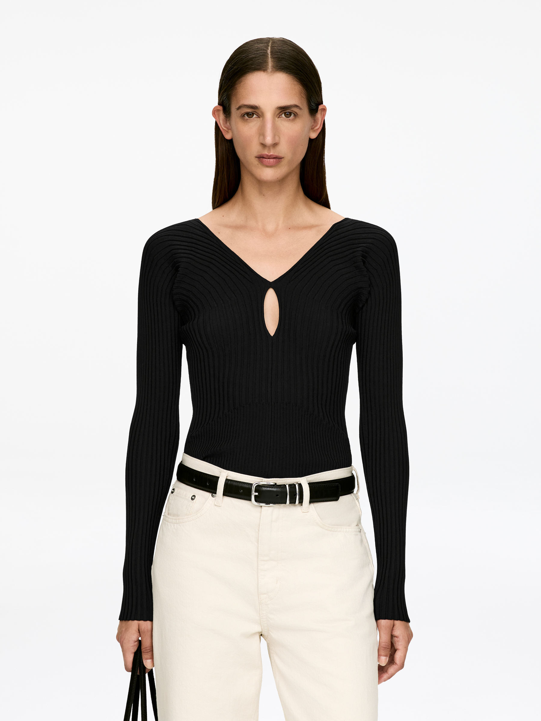 Haut côtelé à col en V - Noir - Slim fit - Femme - StillMedia/Lookbook - 5