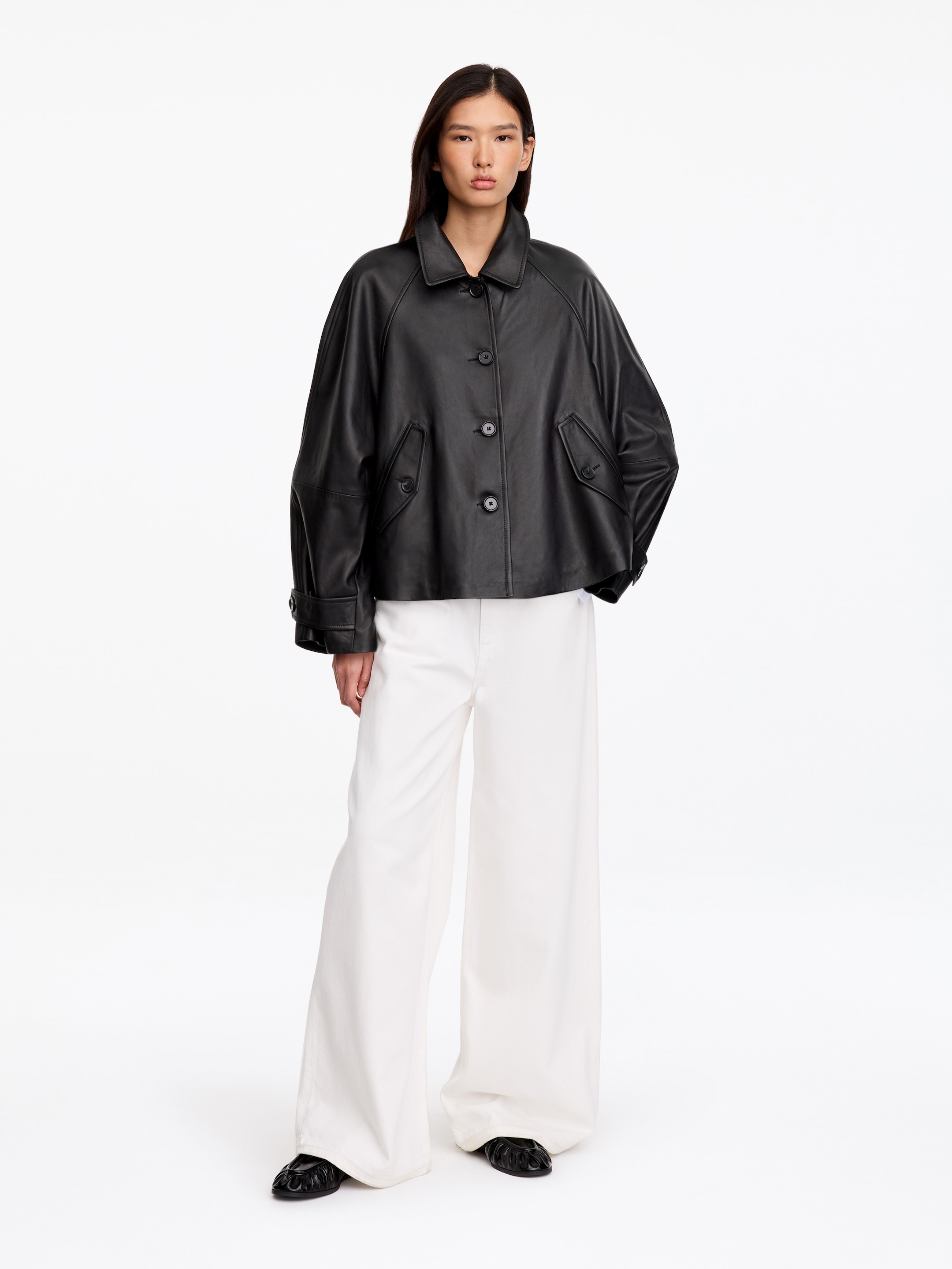 Chaqueta de piel evasé-Black-20308
