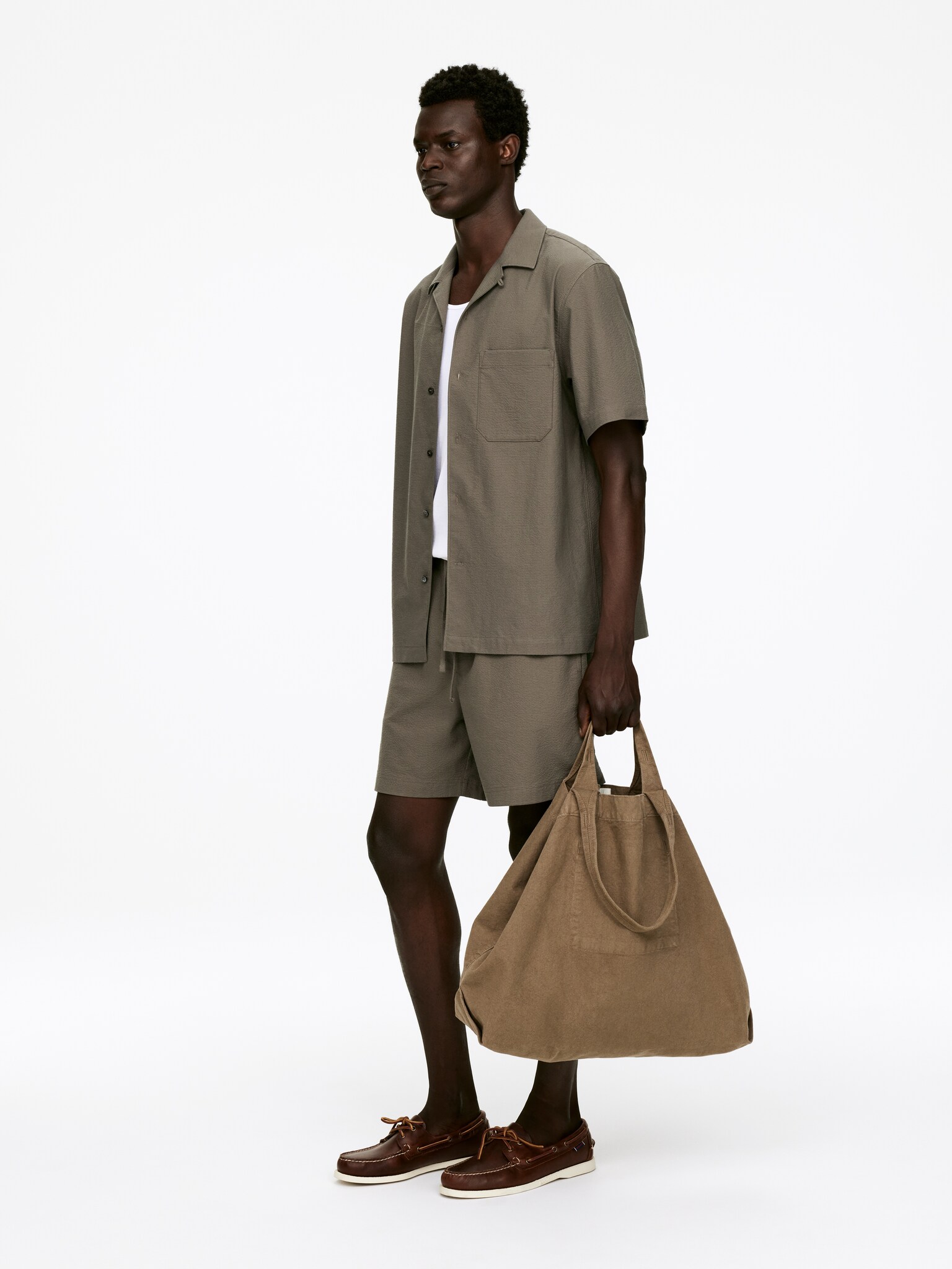 Chemise en seersucker à col cubain - Taupe/Noir - 6