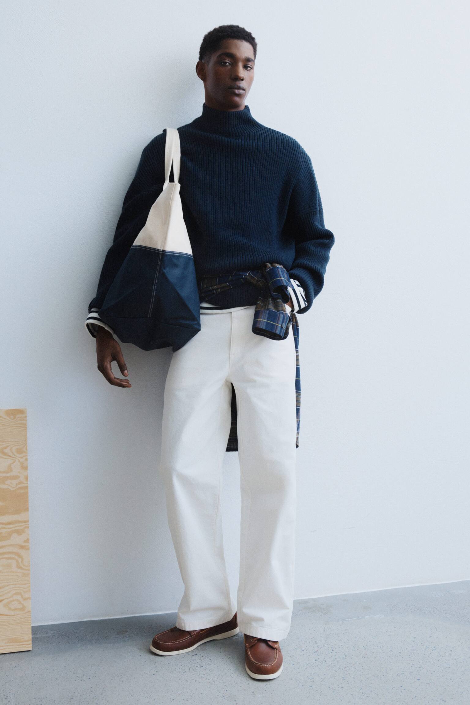 Trui van wol en katoen met trechterhals - Donkerblauw - 7