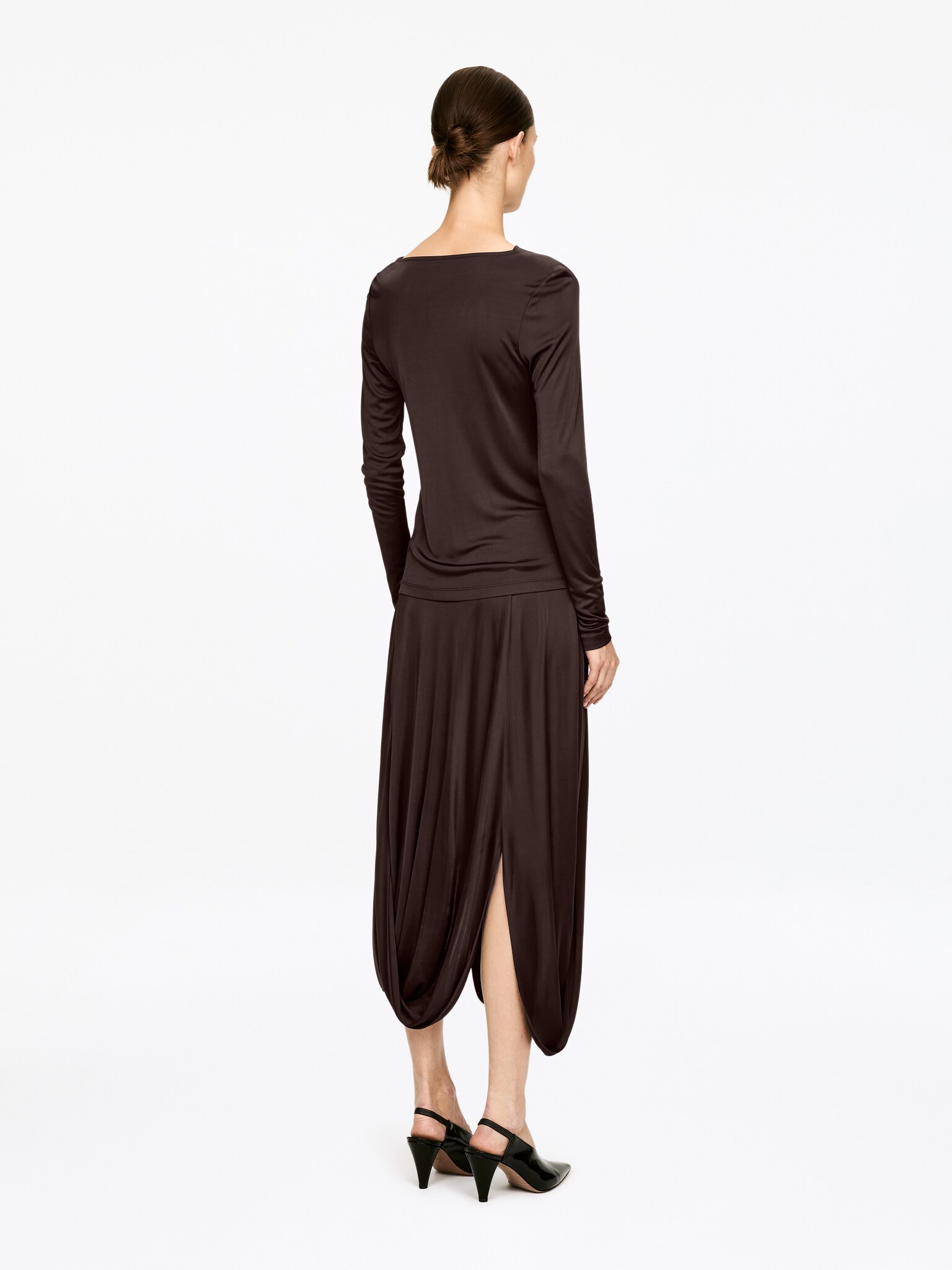 Draperad viskoskjol - Mörkbrun - 3