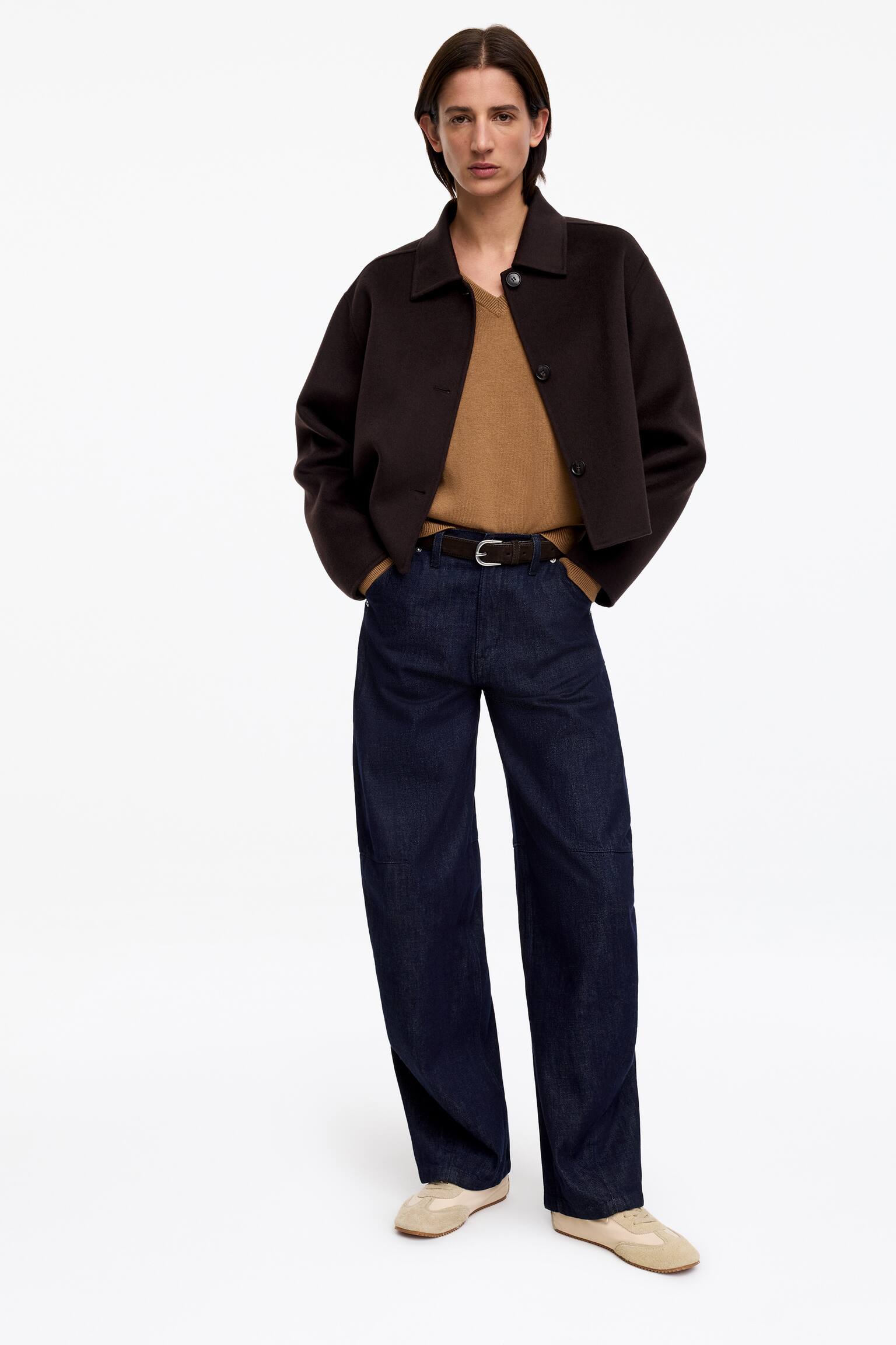 Sveter s výstrihom do V z bavlny a vlny - Hnedá/Sivá melírovaná - 3