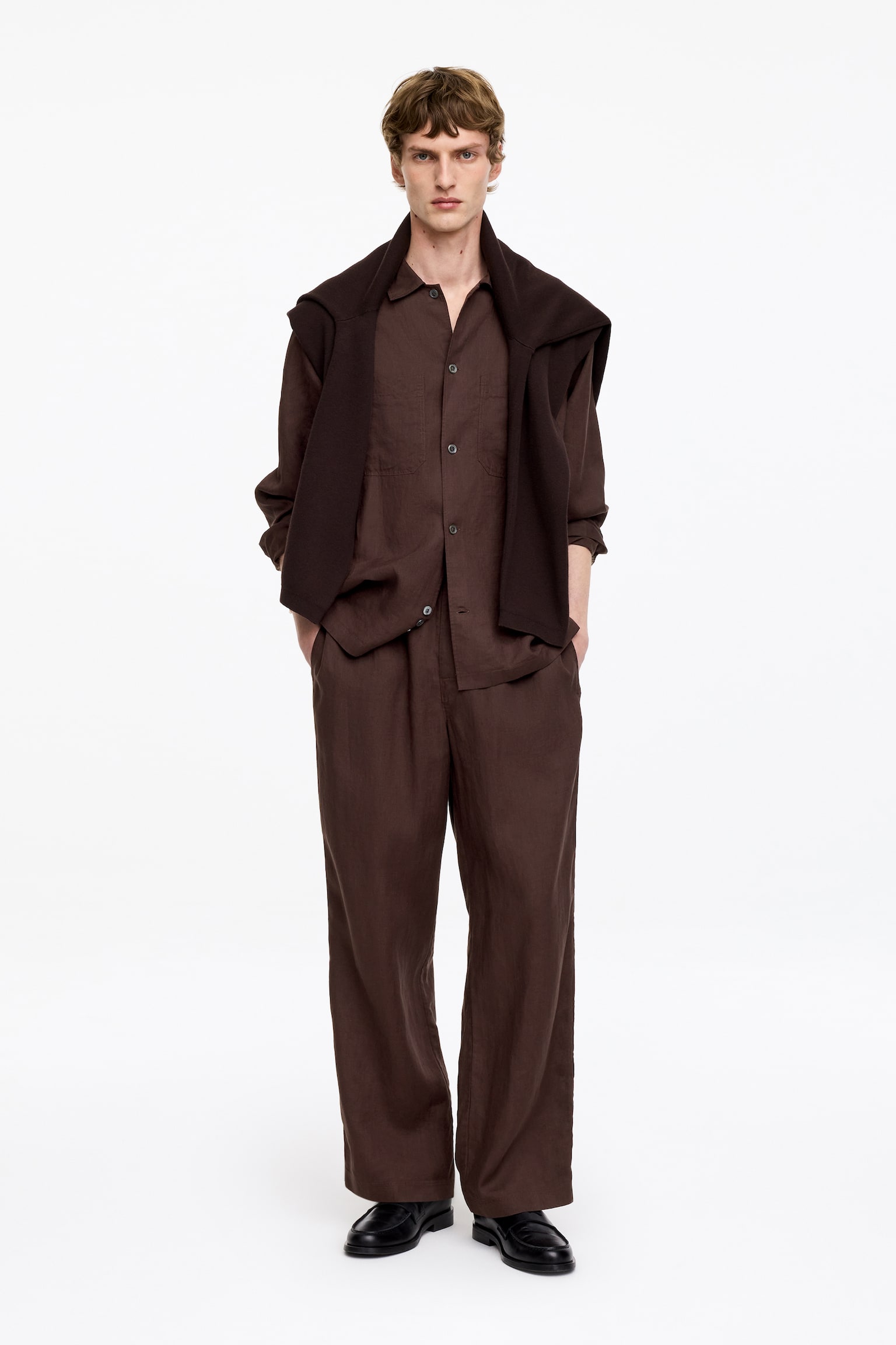 Pantalon en lin décontracté-Marron foncé - 4
