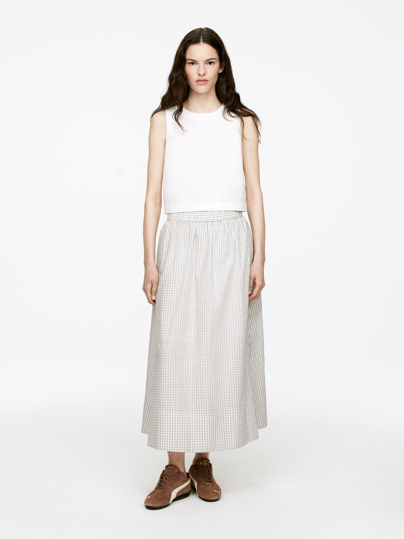 Fustă din bumbac în linie A - Off White/Carouri/Verde Kaki/Negru