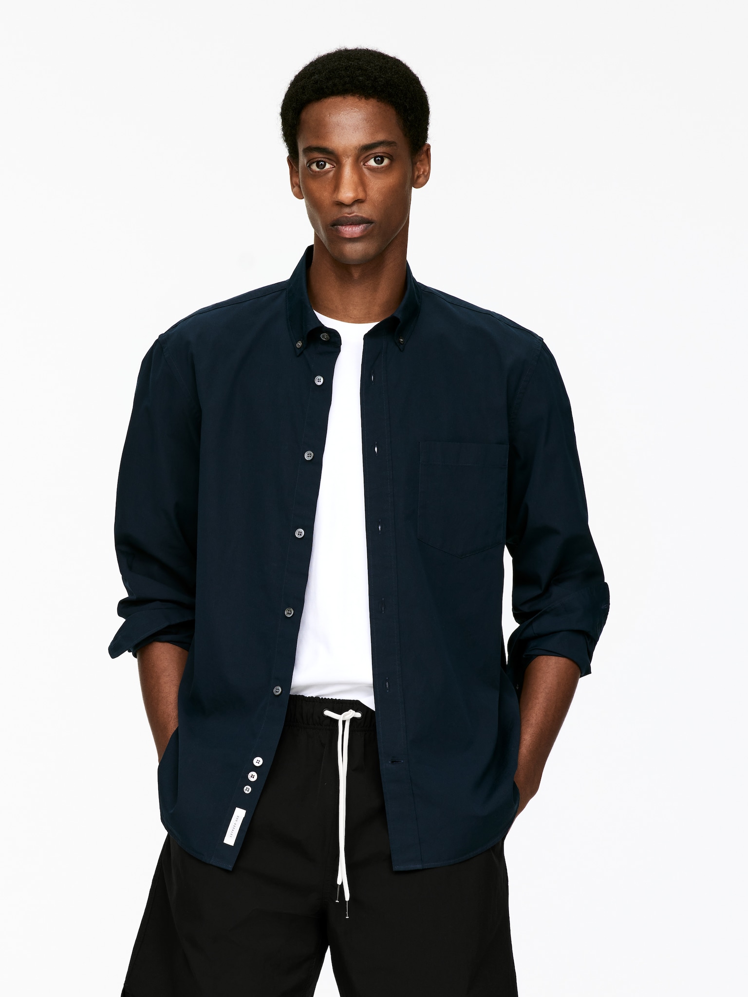 Popeline button-down overhemd - Donkerblauw/Wit
