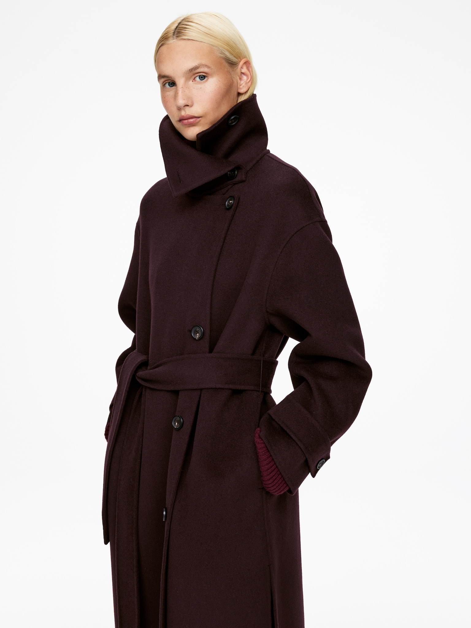 Manteau à col cheminée en laine mélangée - Bordeaux - 7