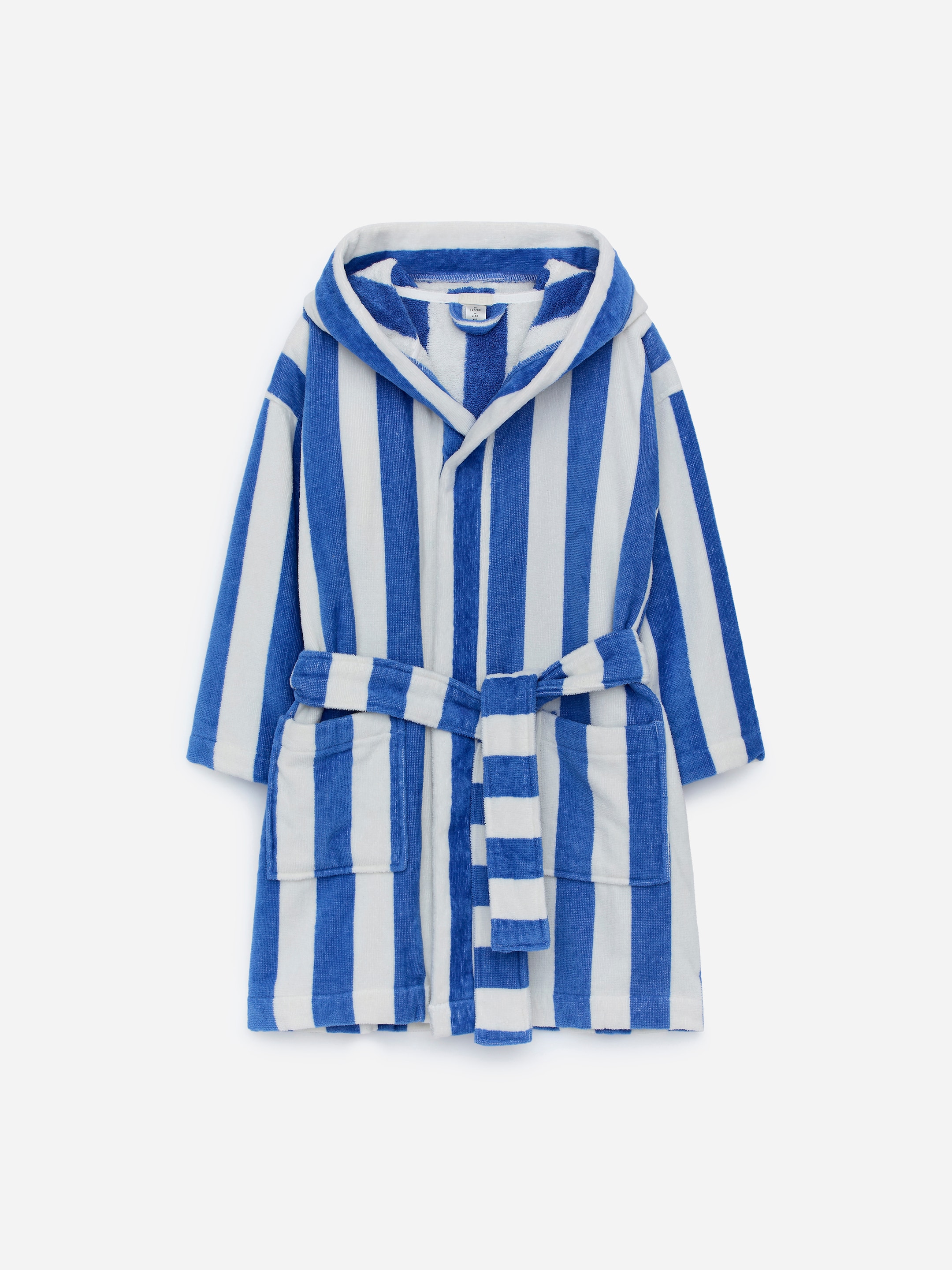 View larger image: A front-facing robe, crafted from soft cotton terry, is displaying blue and white vertical stripes. It is featuring a hood, a tie belt that is tied at the waist, and two patch pockets at the front.