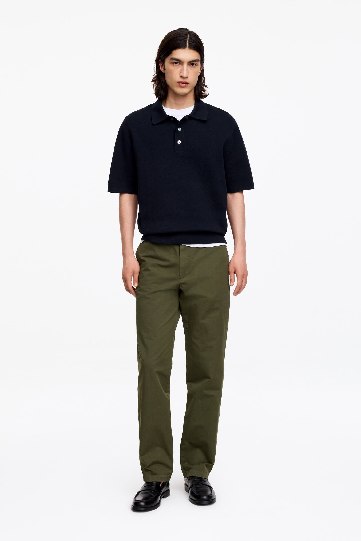 Pantalon chino droit en coton - Vert foncé/Bleu foncé/Beige clair/Vert kaki - 1
