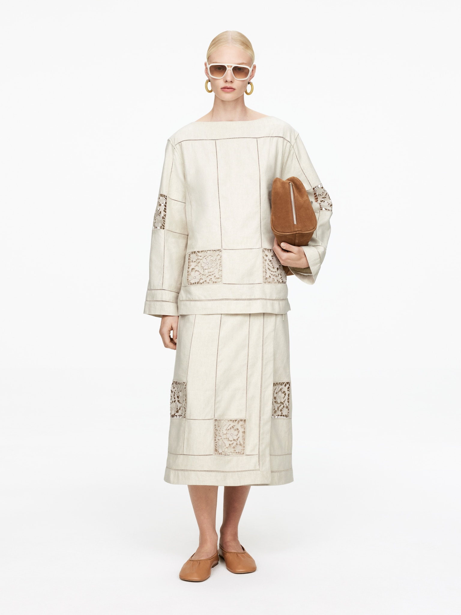 Jupe portefeuille brodée - Beige