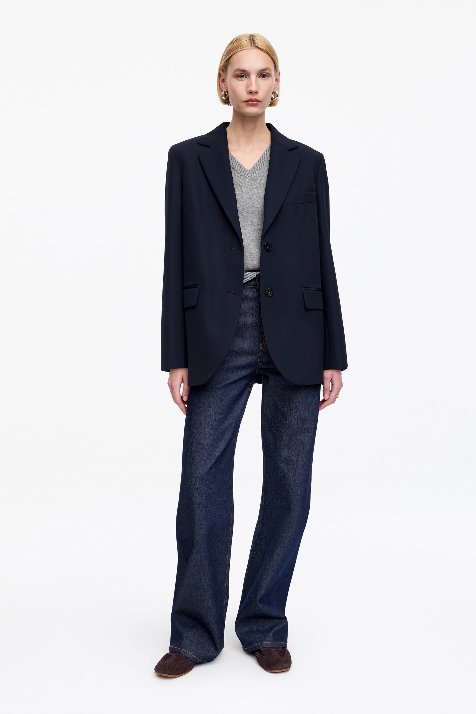 Sveter s výstrihom do V z bavlny a vlny - Sivá melírovaná/Hnedá - 7