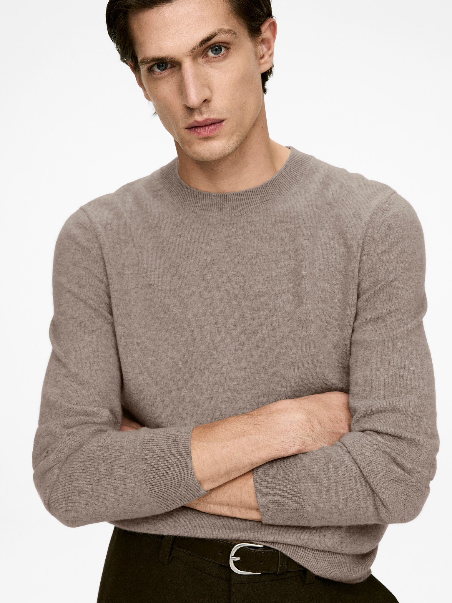 Pull à col rond en cachemire - Beige chiné/Marron/Bleu foncé - 5