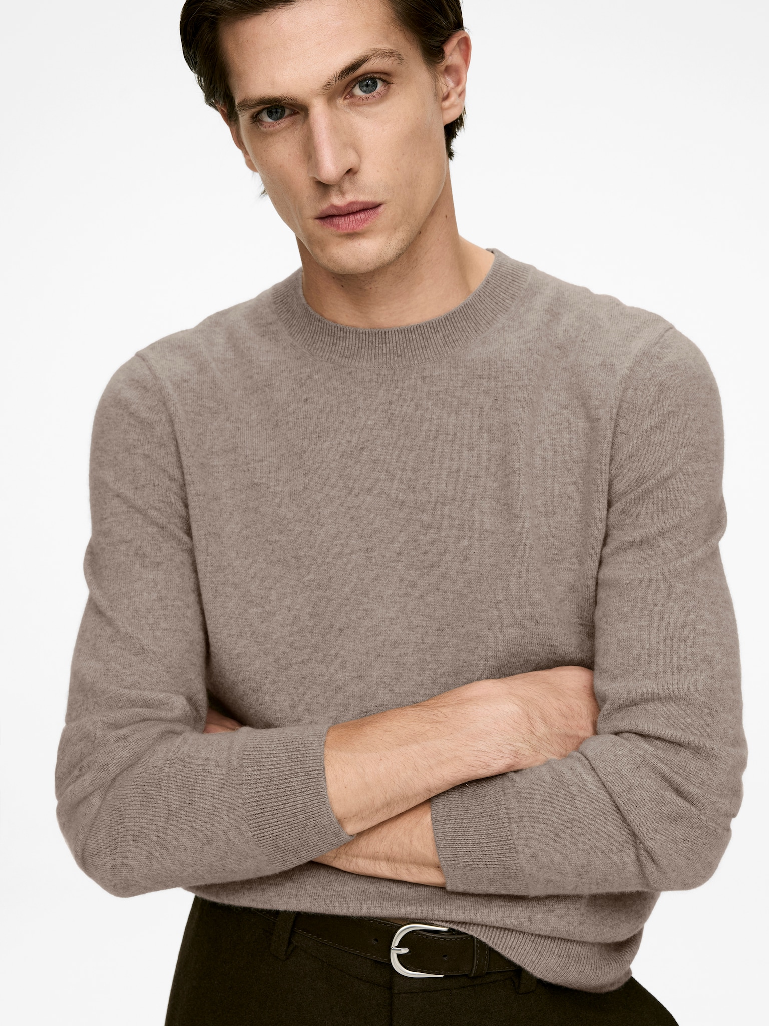 Pull à col rond en cachemire - Beige chiné/Bleu foncé/Marron - 4