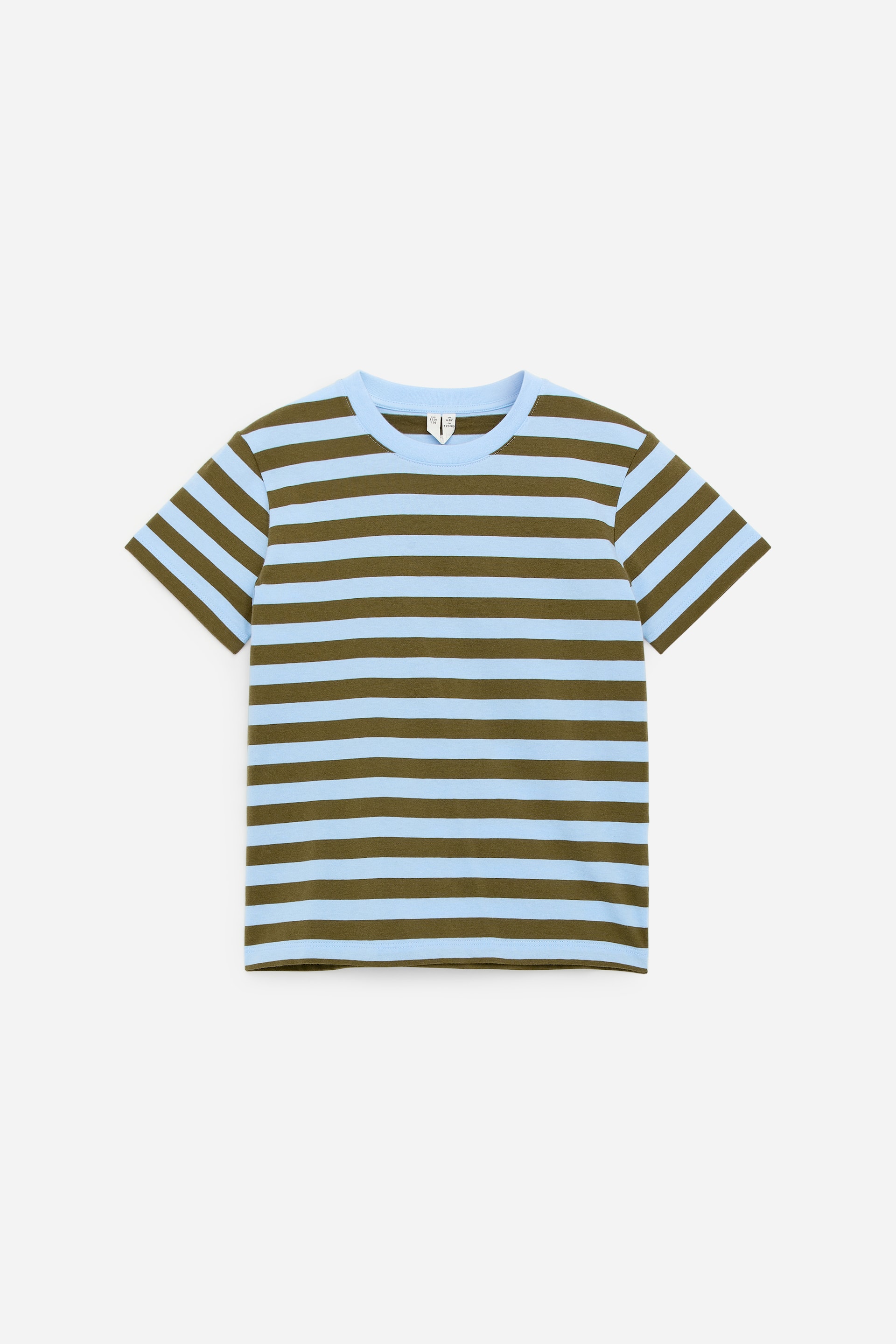 Größeres Bild anzeigen: T-Shirt mit horizontalen Streifen in Hellblau und Olivgrün, ausgestattet mit einem hellblauen Rundhalsausschnitt und kurzen Ärmeln.