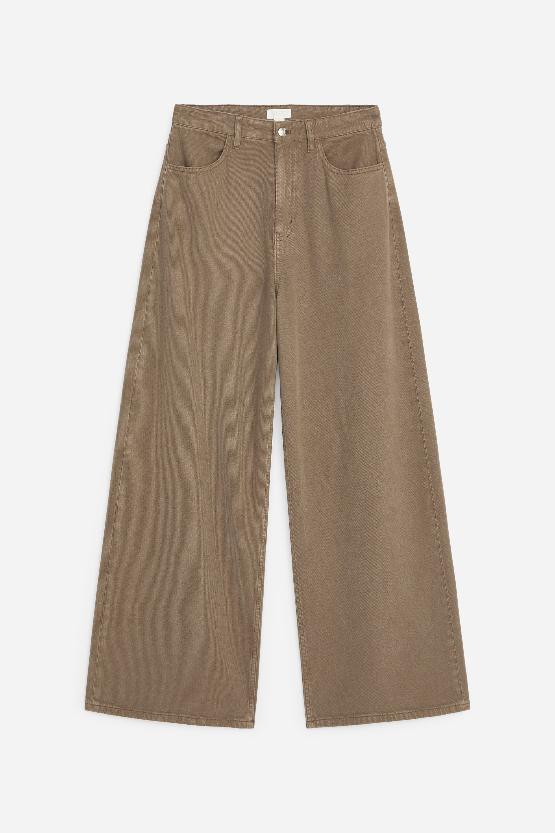 Agrandir l'image: Les jeans kaki à jambes larges sont présentés en vue de face, avec une taille haute, des passants de ceinture et deux poches avant en biais.