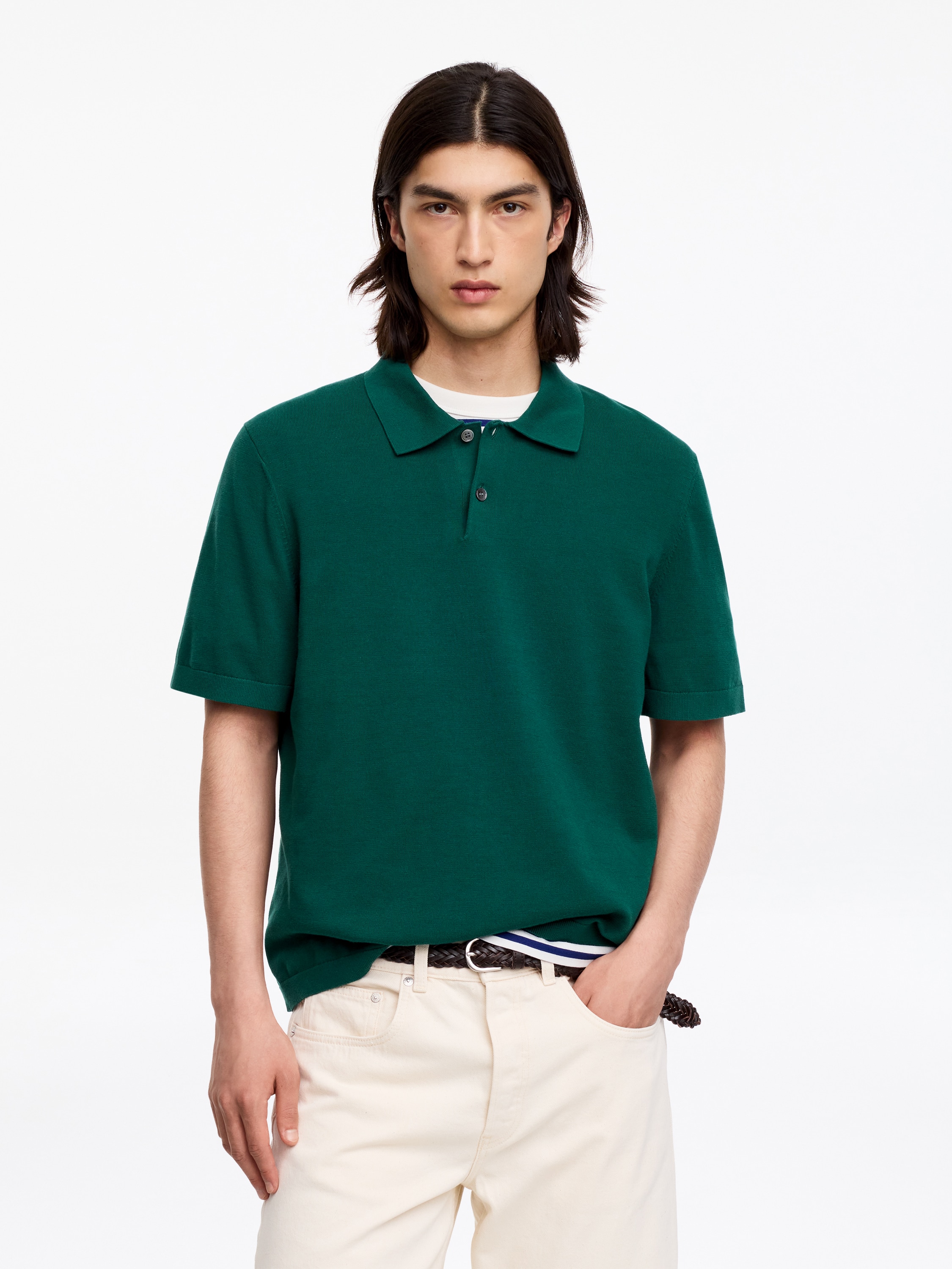 Feinstrick-Poloshirt - Leuchtendes Grün/Graubraun/Blasses Türkis/Dunkelblau