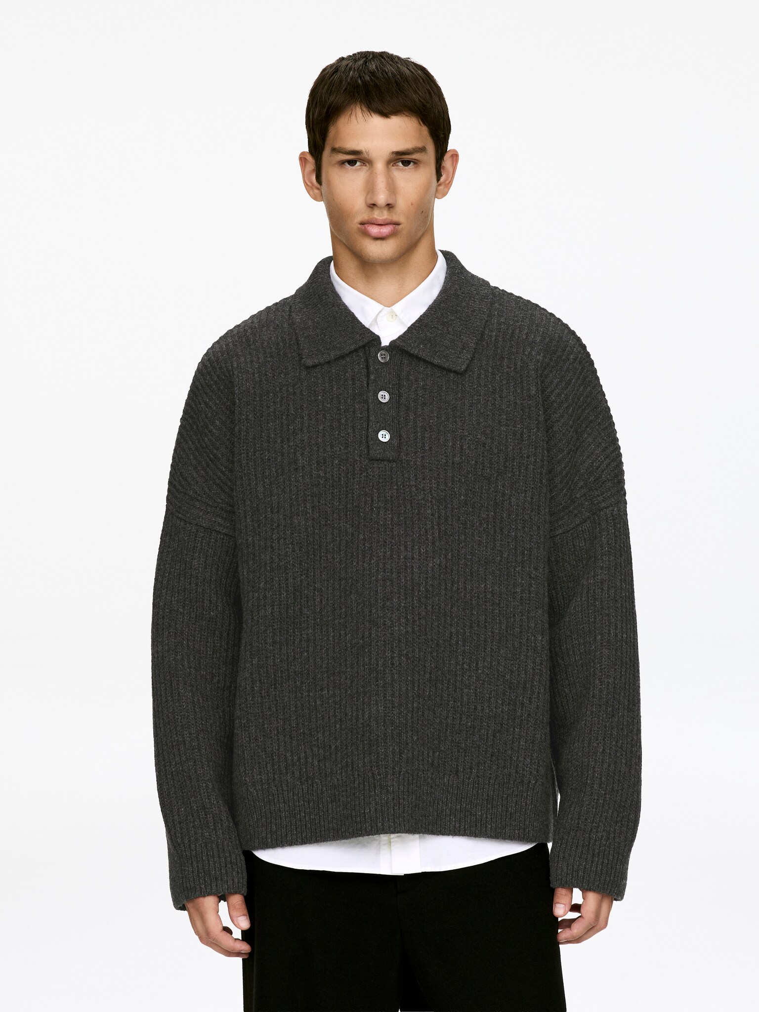 Jersey de lana tipo polo - Gris/Azul oscuro - 1