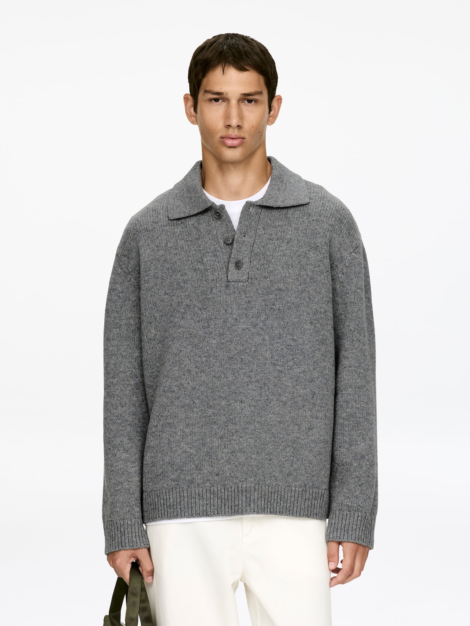 Wool Polo Jumper - Grey/Dark Blue