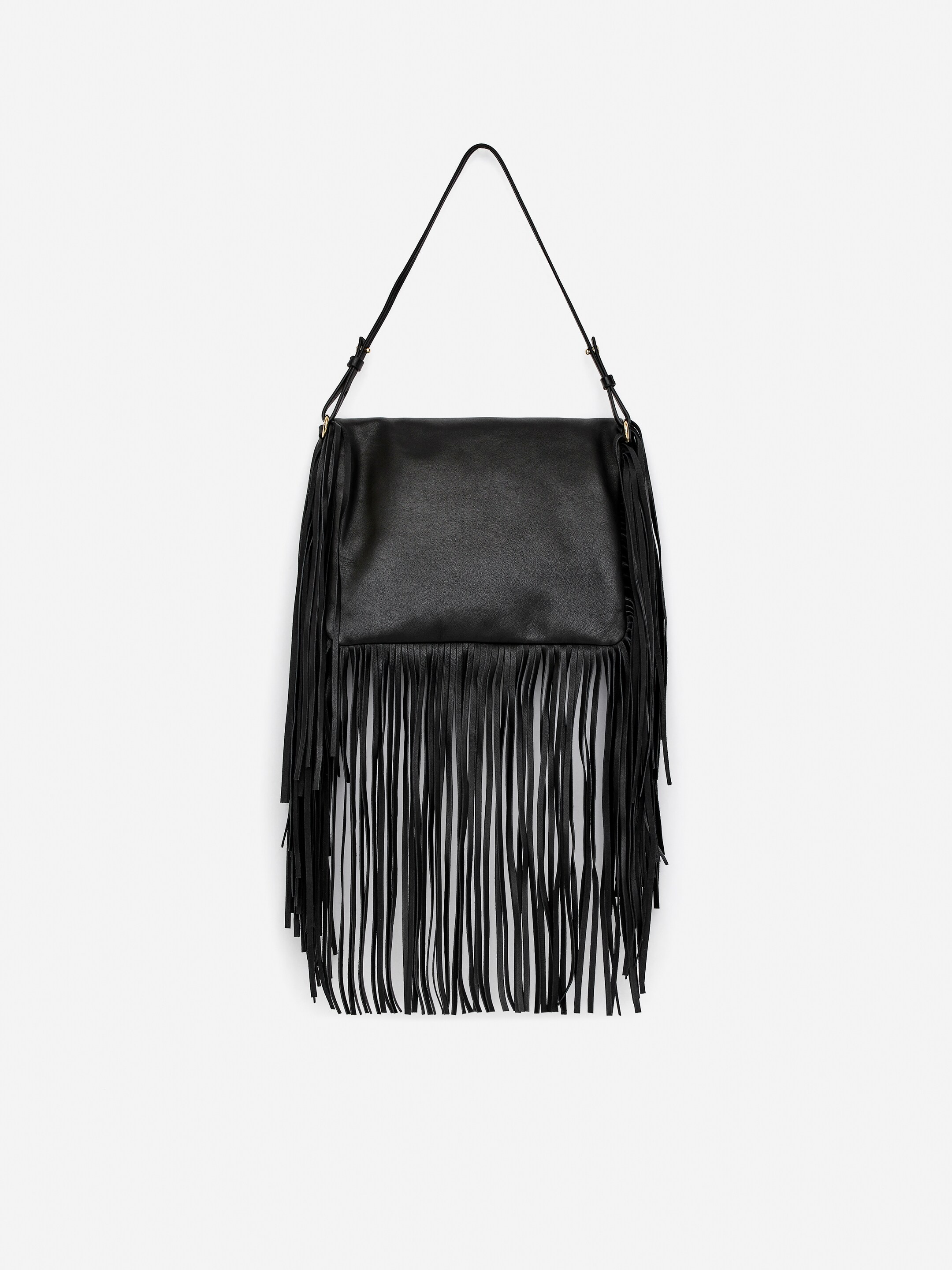 View larger image: A black leather shoulder bag is hanging, featuring long, vertical fringes extending from its lower front. A thin shoulder strap is attached to the bag's top corners.