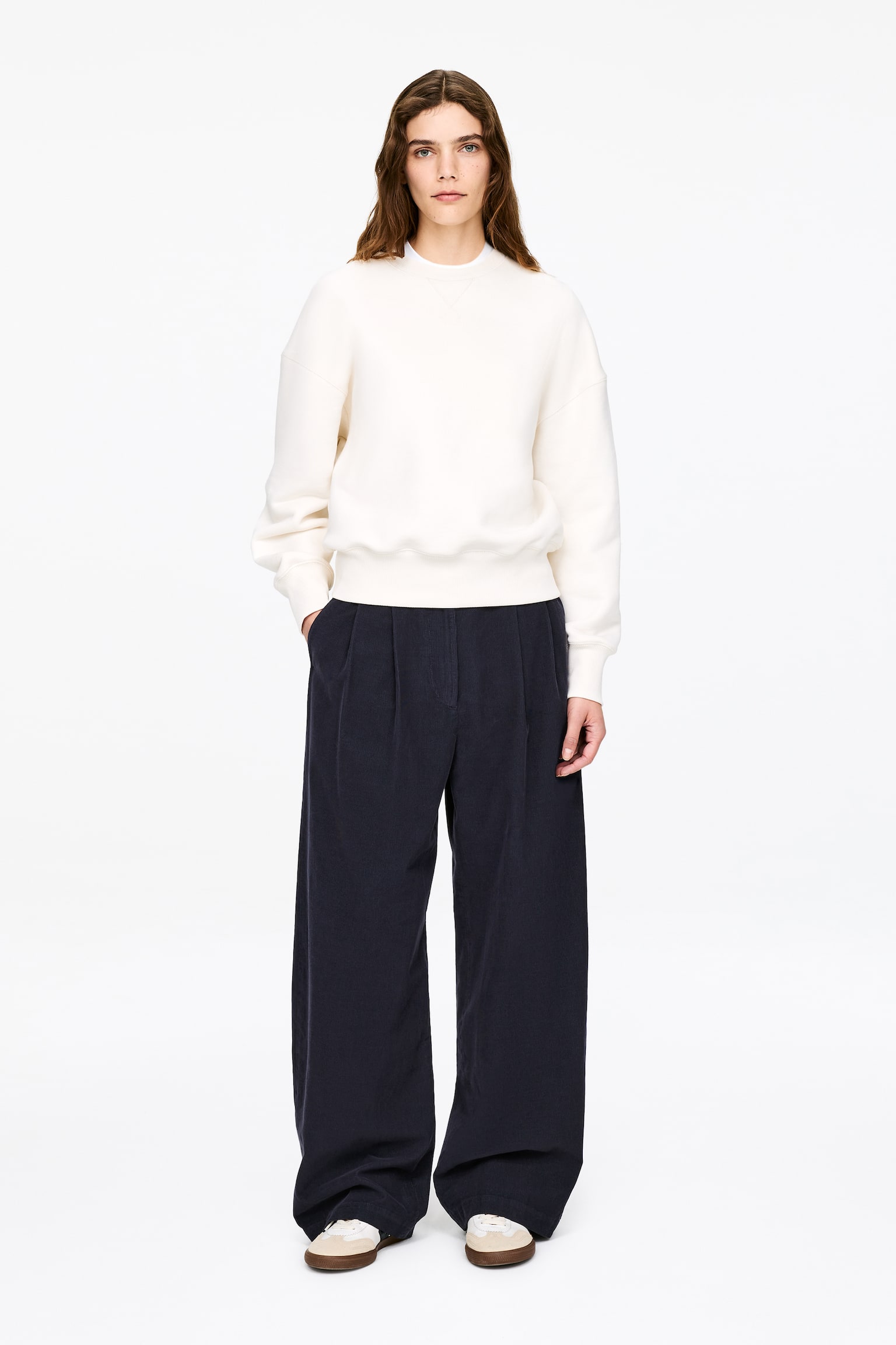 Pantalon en velours côtelé taille haute - Bleu foncé - 1