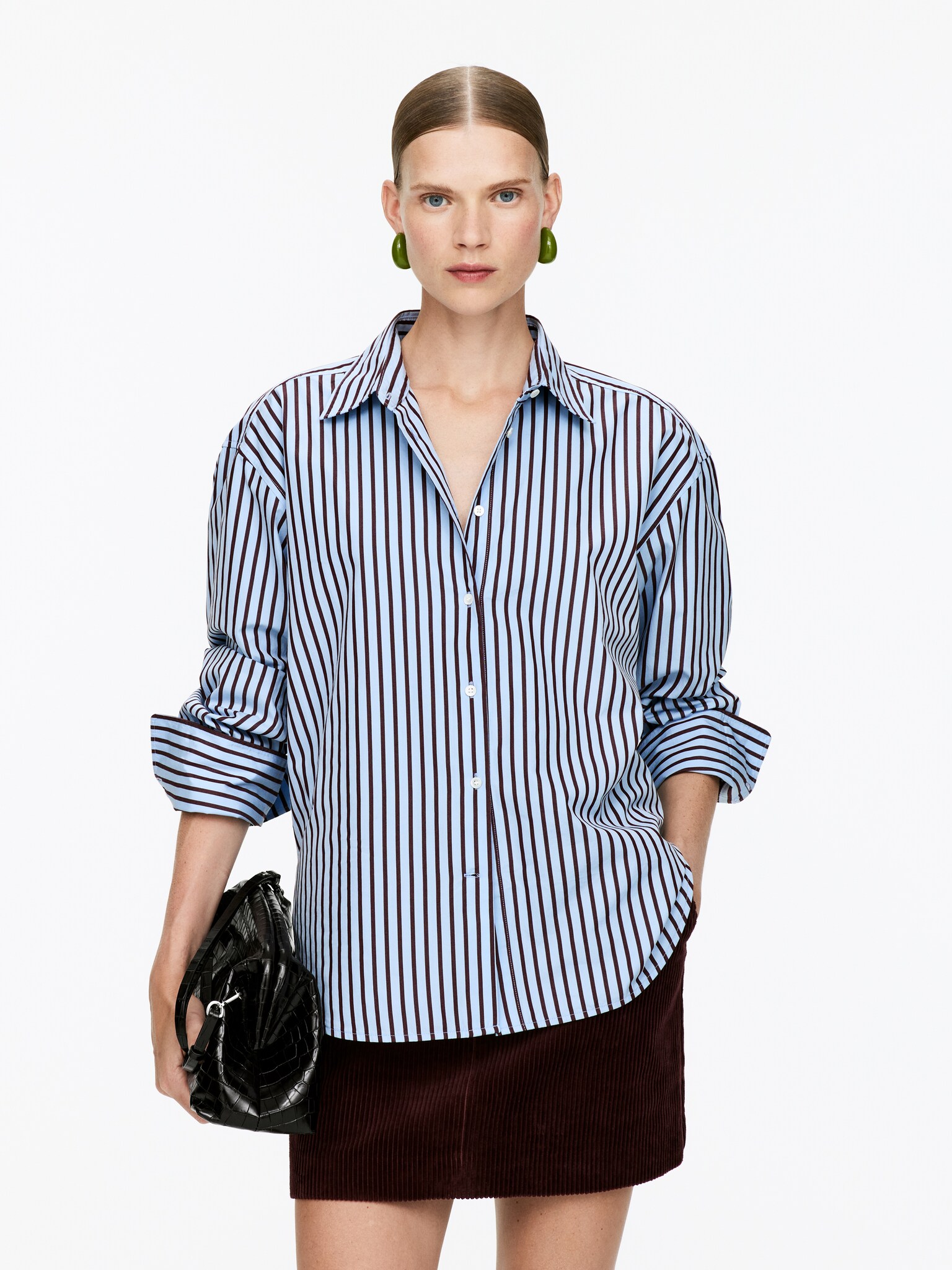 Chemise en popeline de coton - Bleu/Bordeaux/Vert kaki/Rose/Bleu