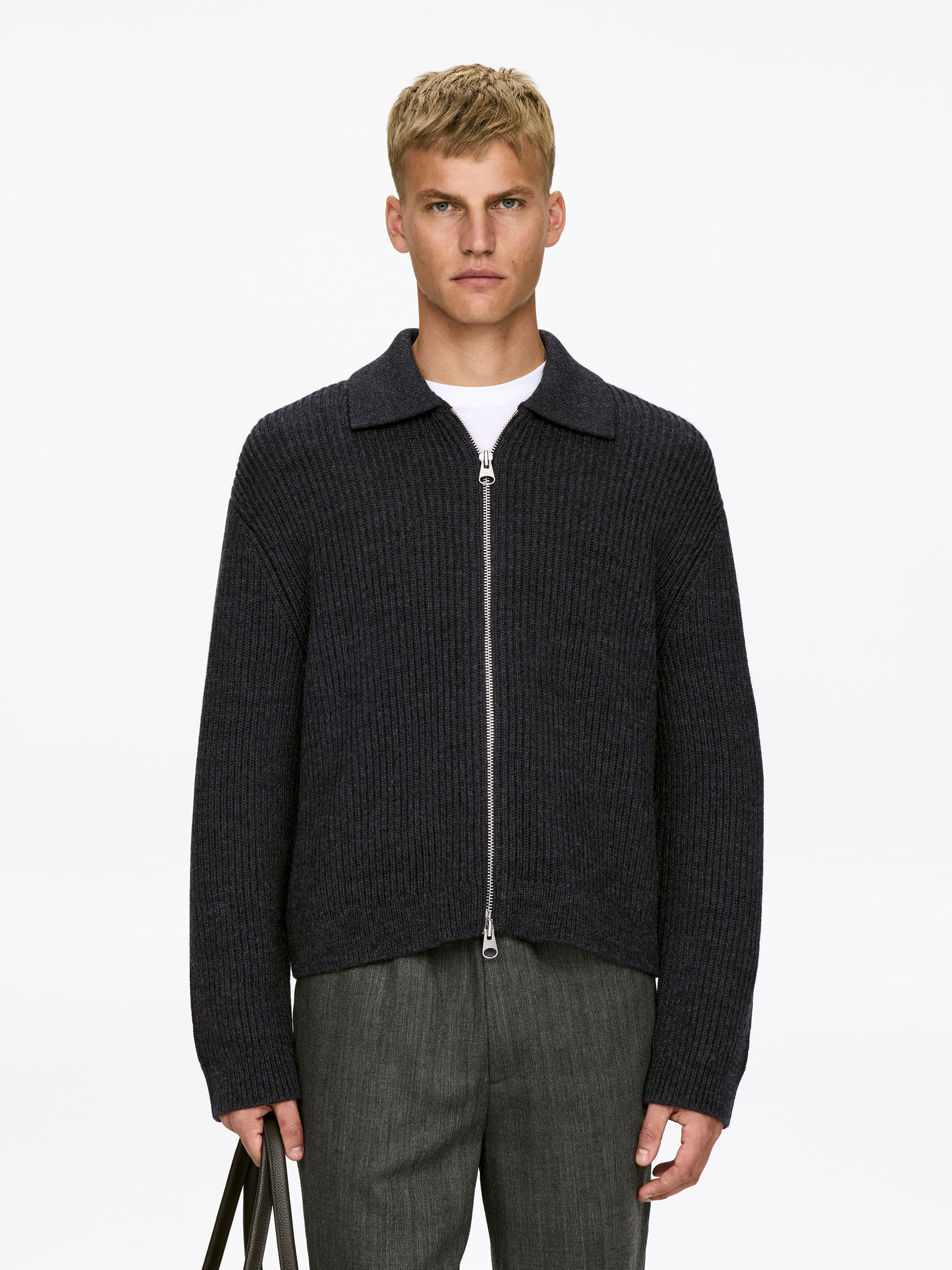 Wool Cotton Zip Cardigan - Dark Grey - Loose fit - Men - StillMedia/Lookbook - 6