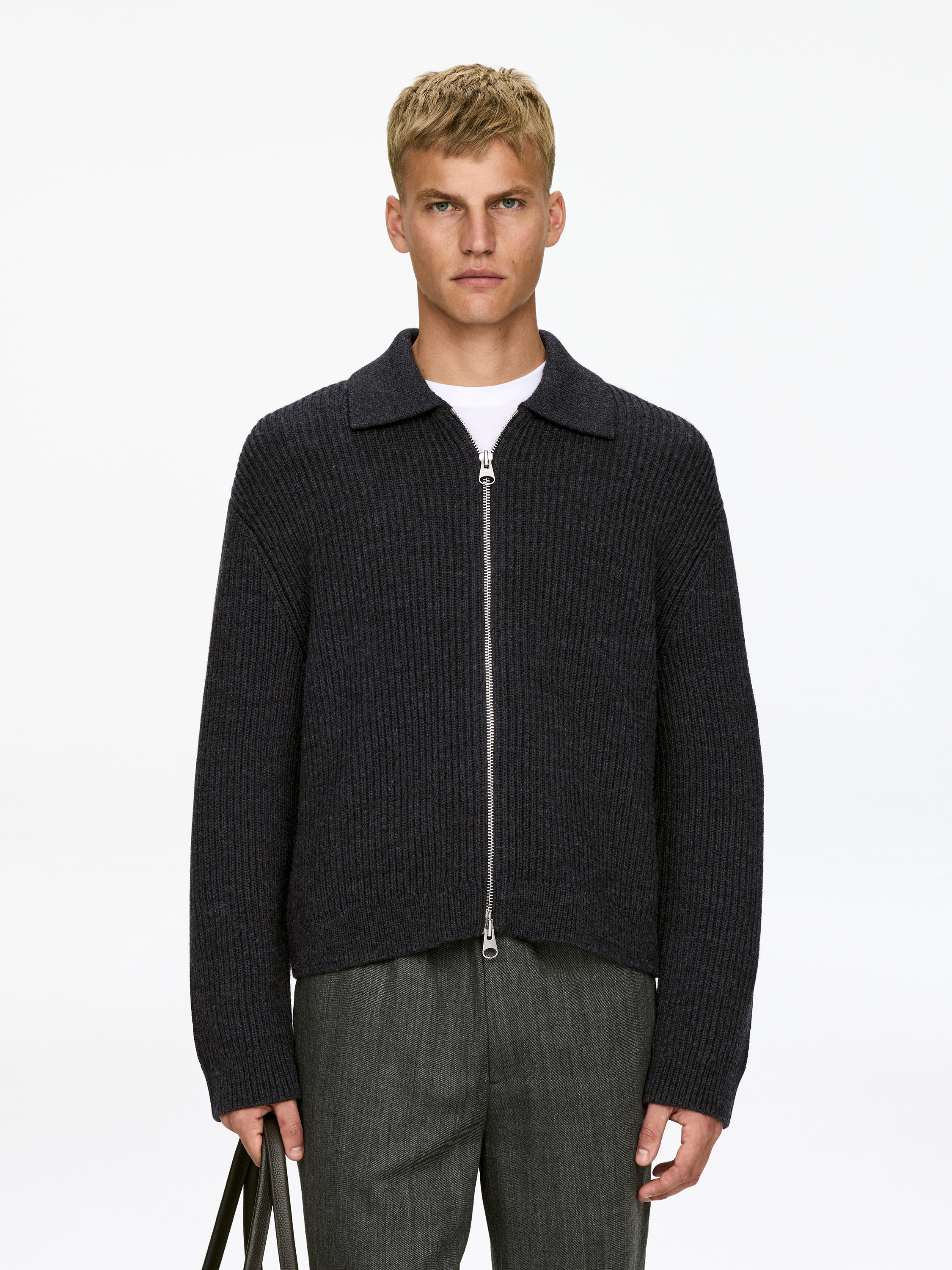 Wool Cotton Zip Cardigan-#505050-16795