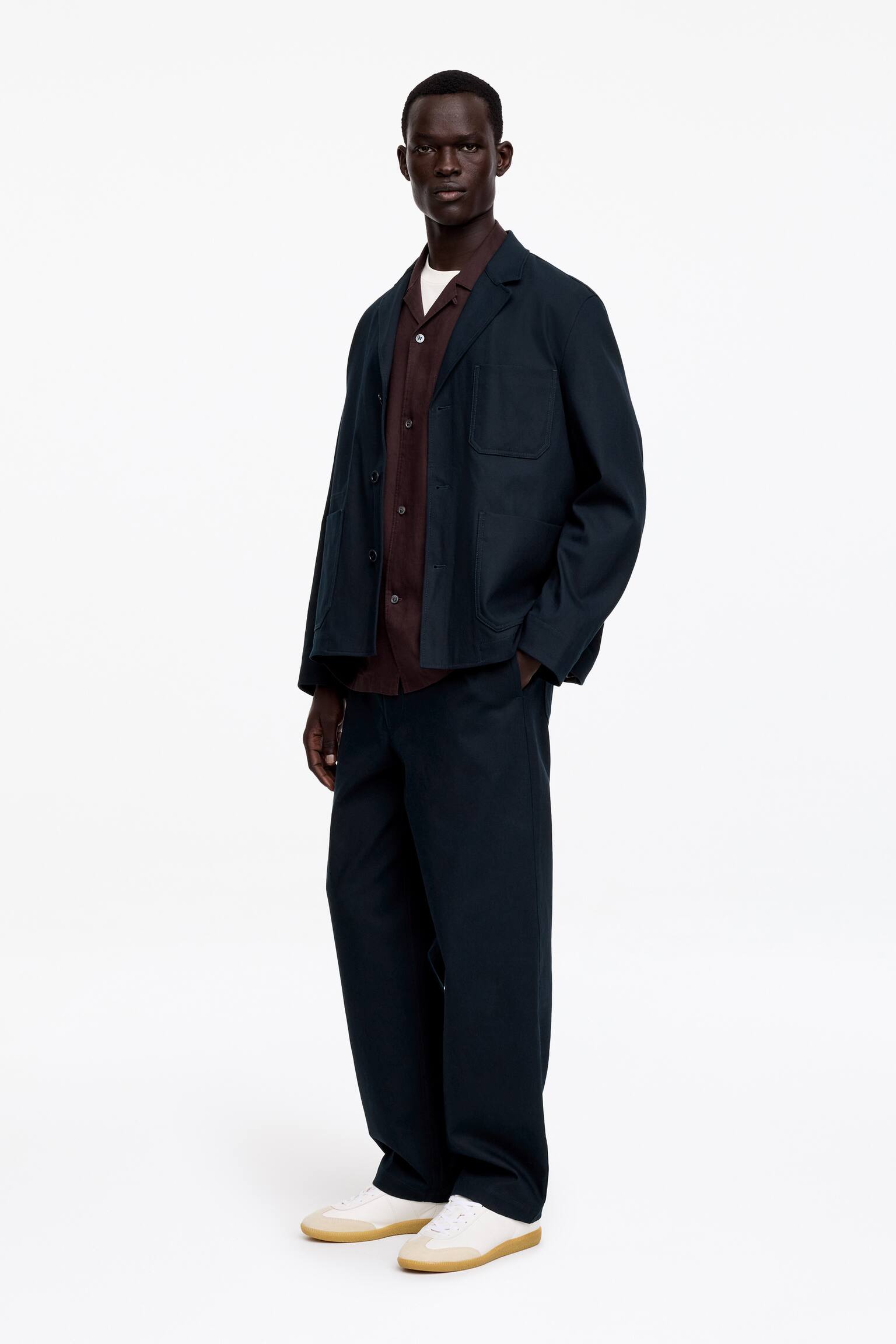 Pantaloni ampi in cotone e lino-Blu scuro - 5