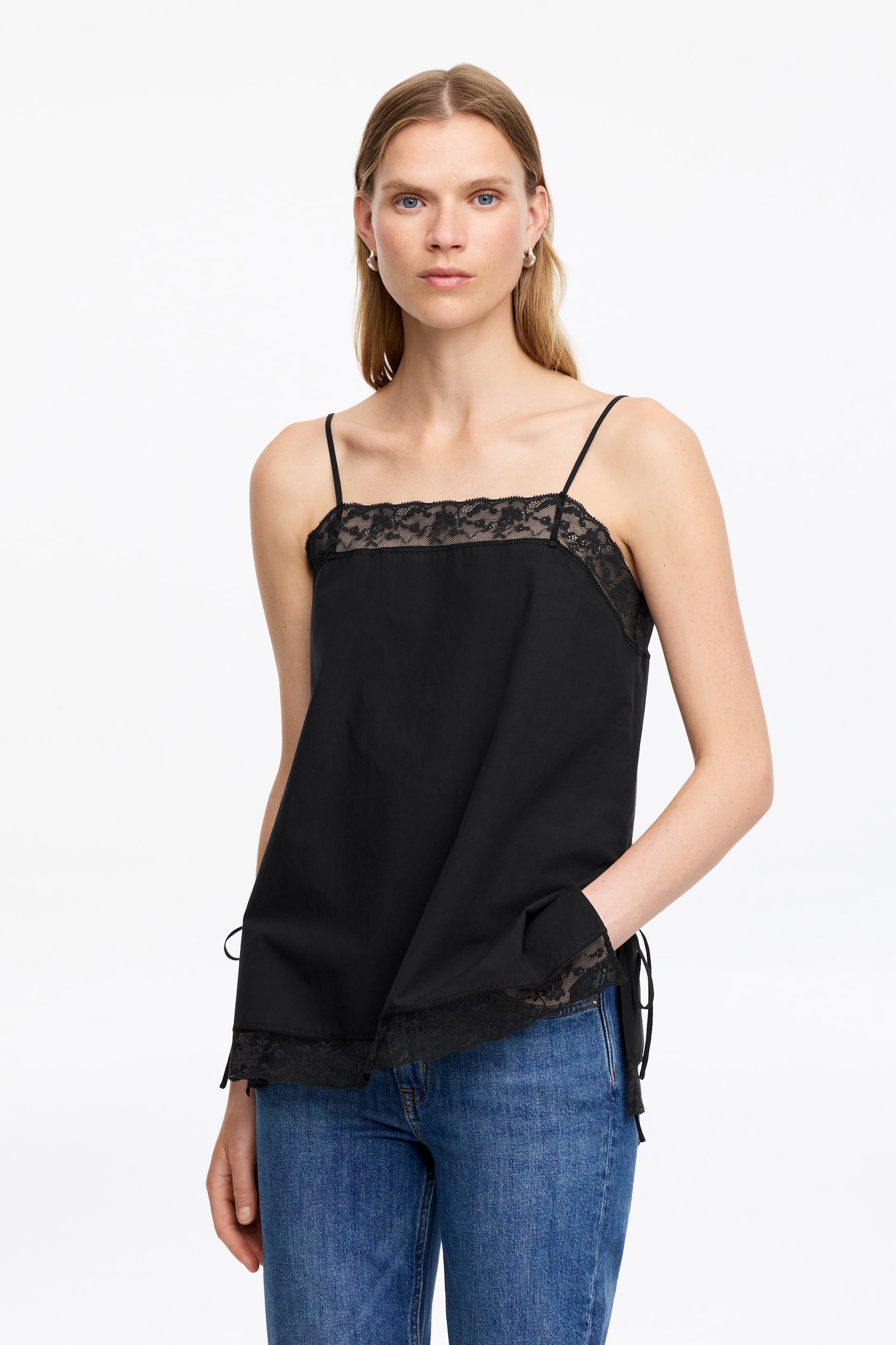 Agrandir l'image: Haut à bretelles en coton avec bordure en dentelle - Noir - FEMME | H&M FR 1