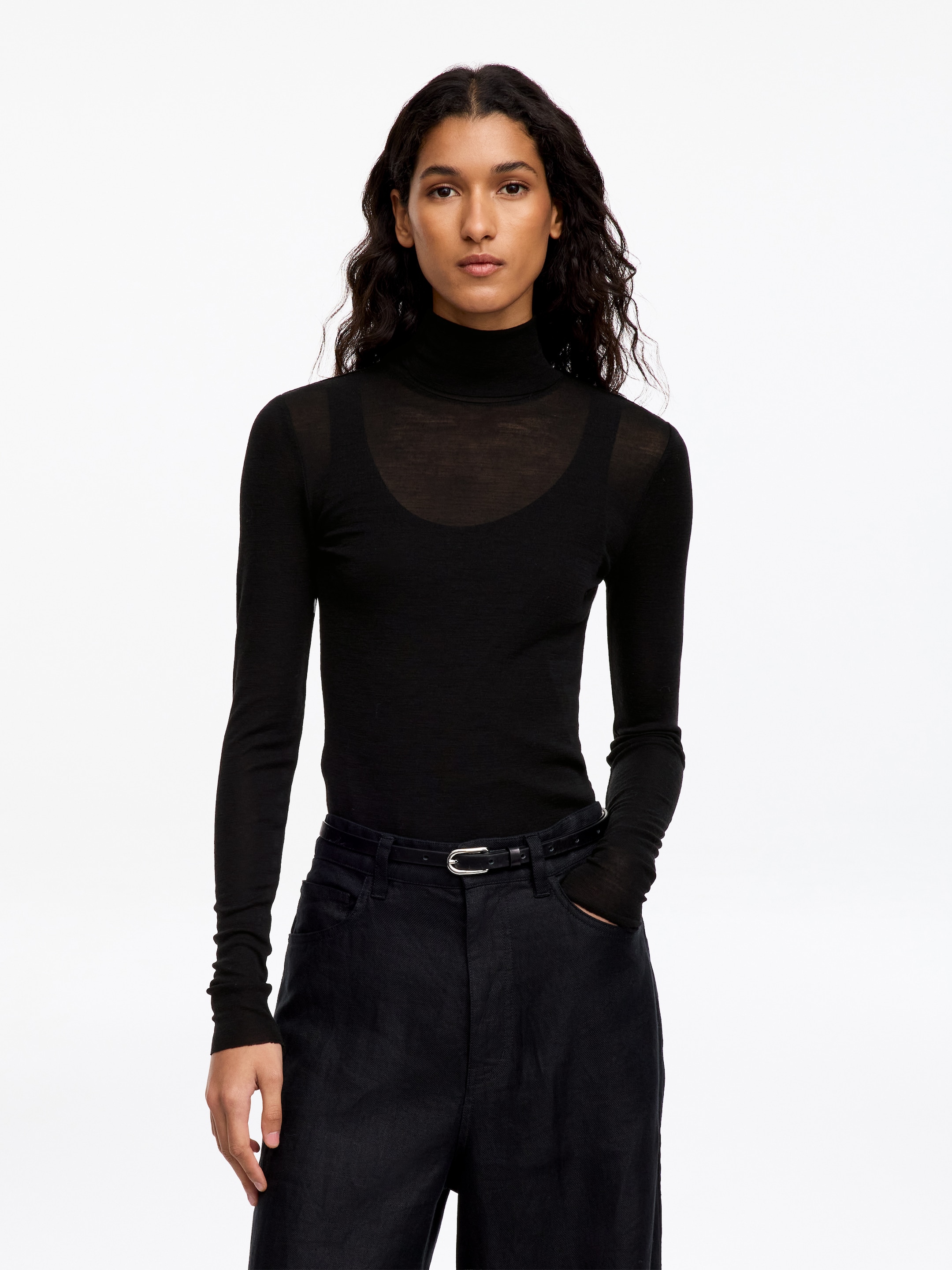 Roll-Neck Wool Top-Black-5526