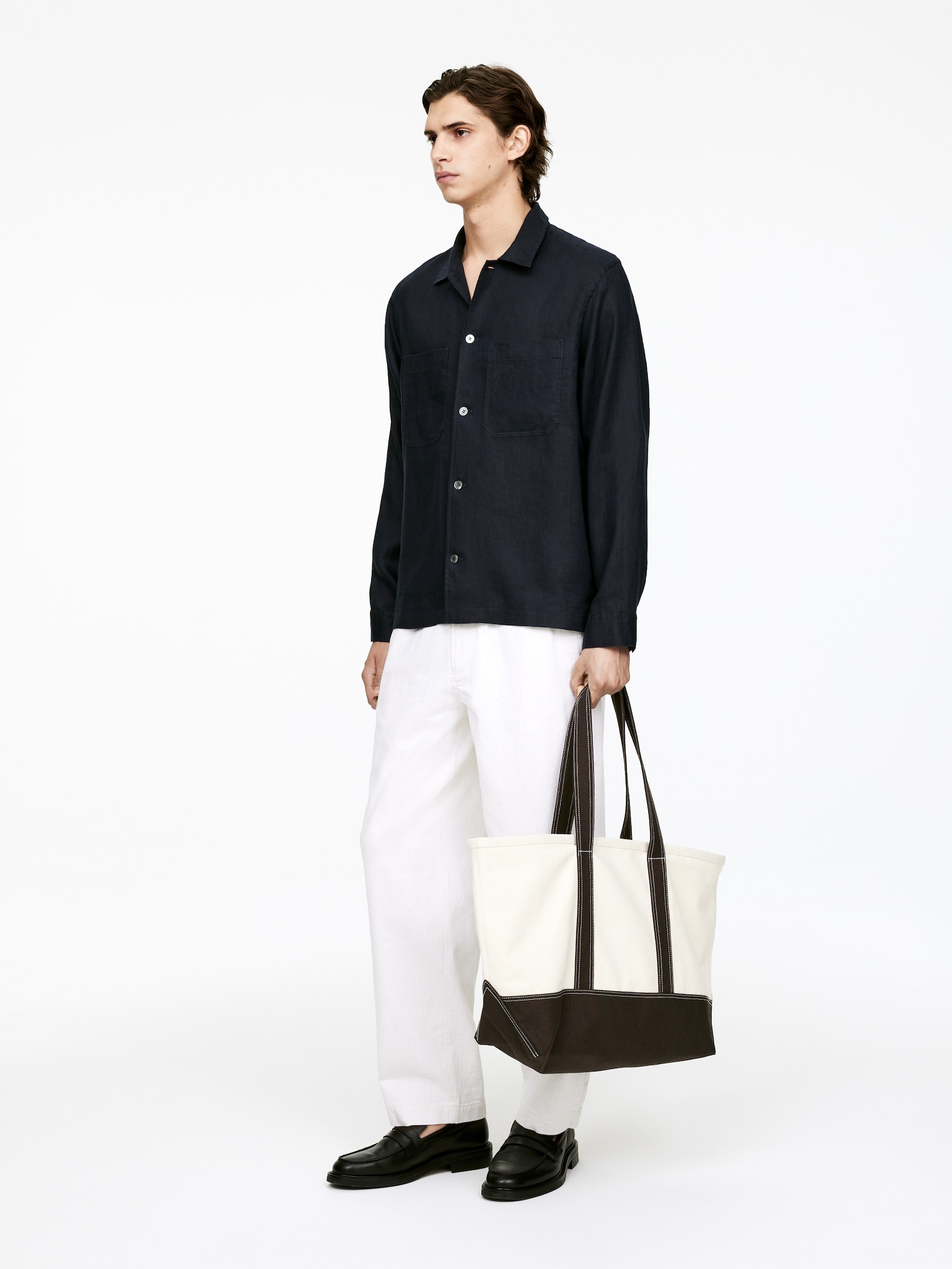 Camisa de lino holgada - Azul/Beige/Negro - 5