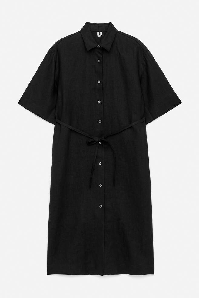 Linen Shirt Dress - Black - 1