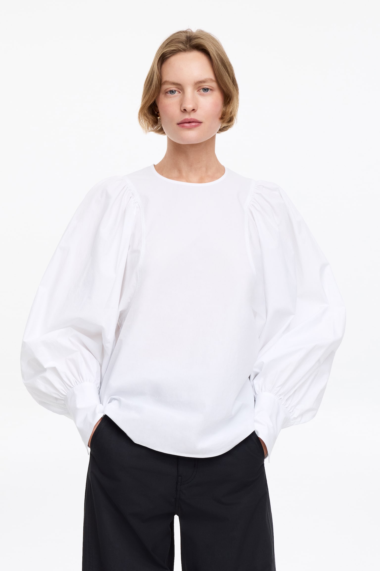 Volume-Sleeve Cotton Blouse - White - 1